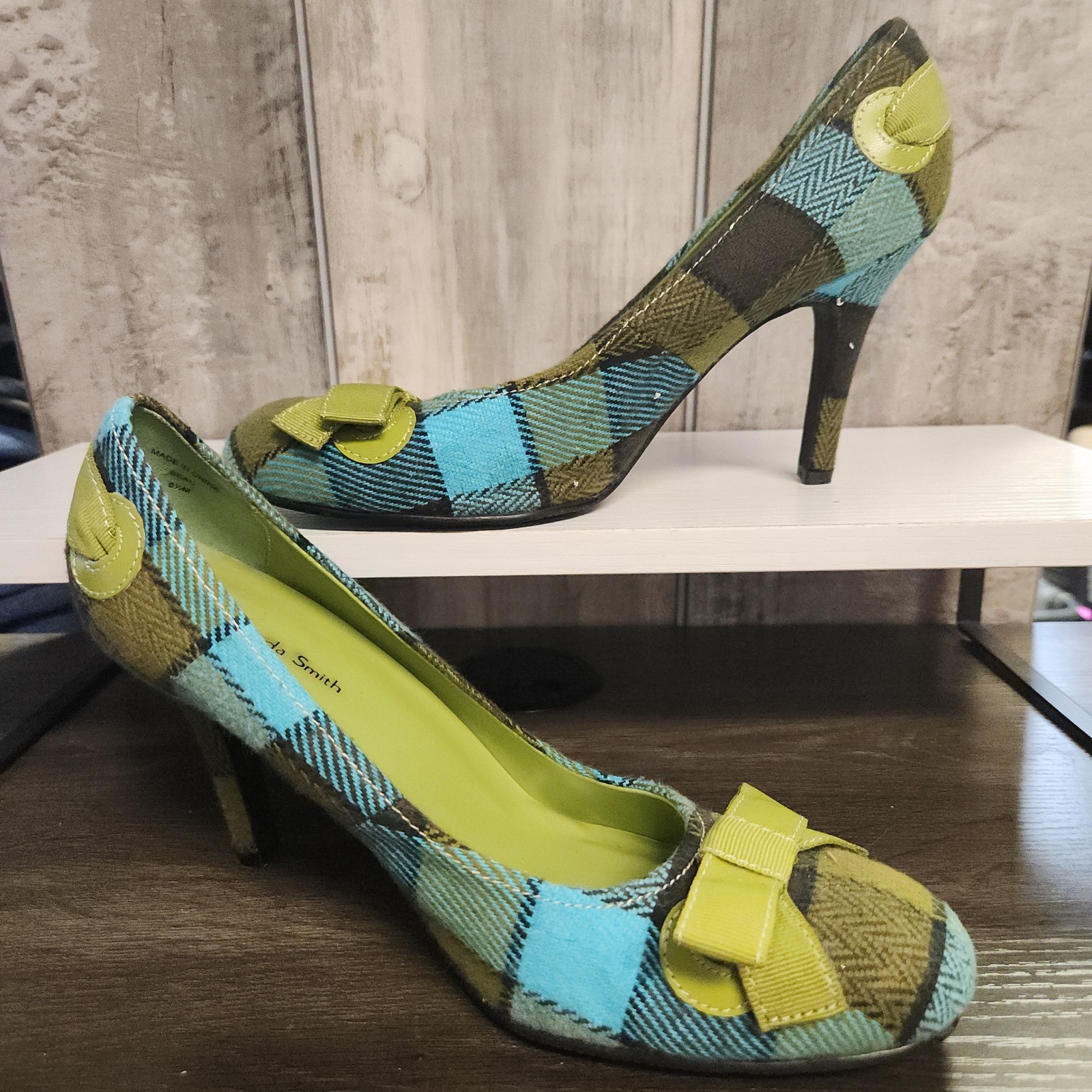 Amanda Smith Pumps Womens 8.5M Blue Green Plaid Bow Heel Preppy Academia
