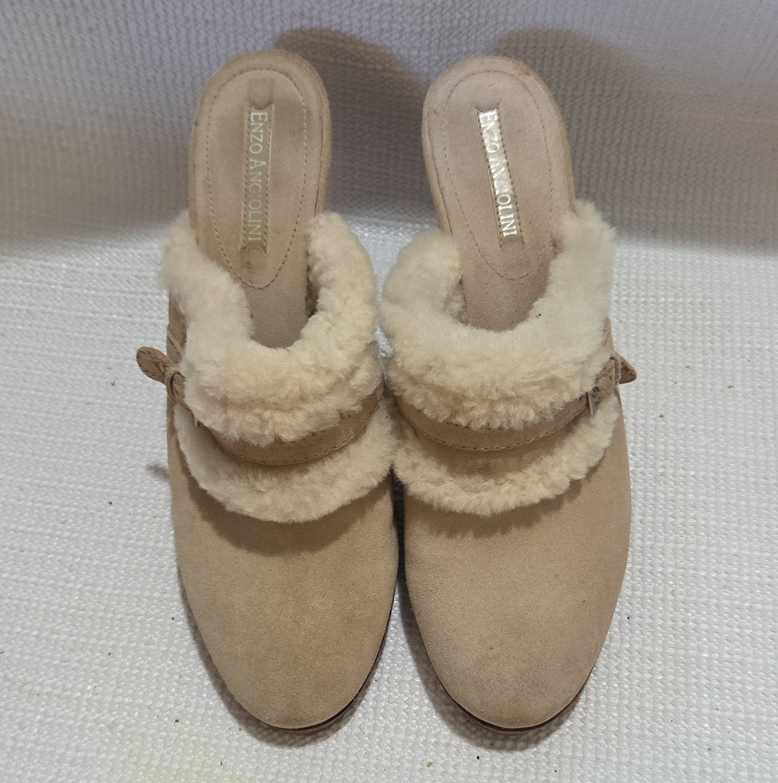 Enzo Angiolini Women’s Mule Heels Slip-On Leather Shearling Beige 9.5M
