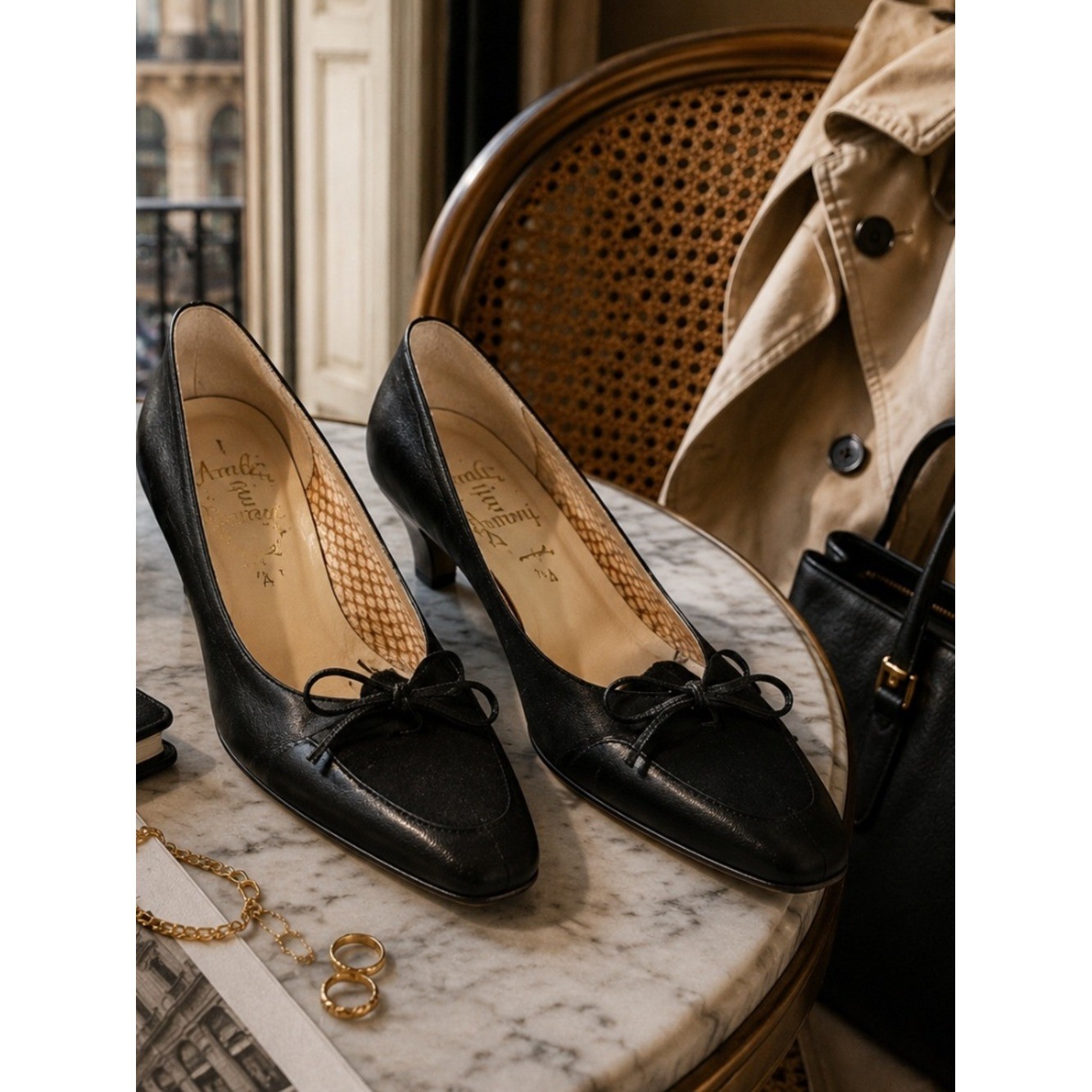 Amalfi by Rangoni Italy Black Leather Kitten Heel Pumps Women 7.5A Narrow