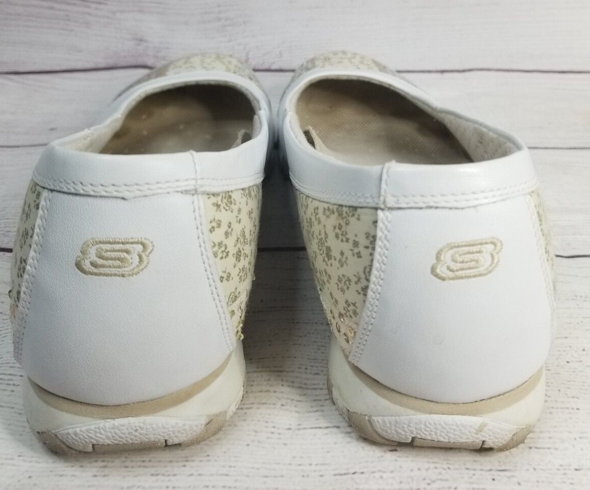 Skechers Womens 10 Floral Patchwork White Leather Textile Sequins Beige Floral