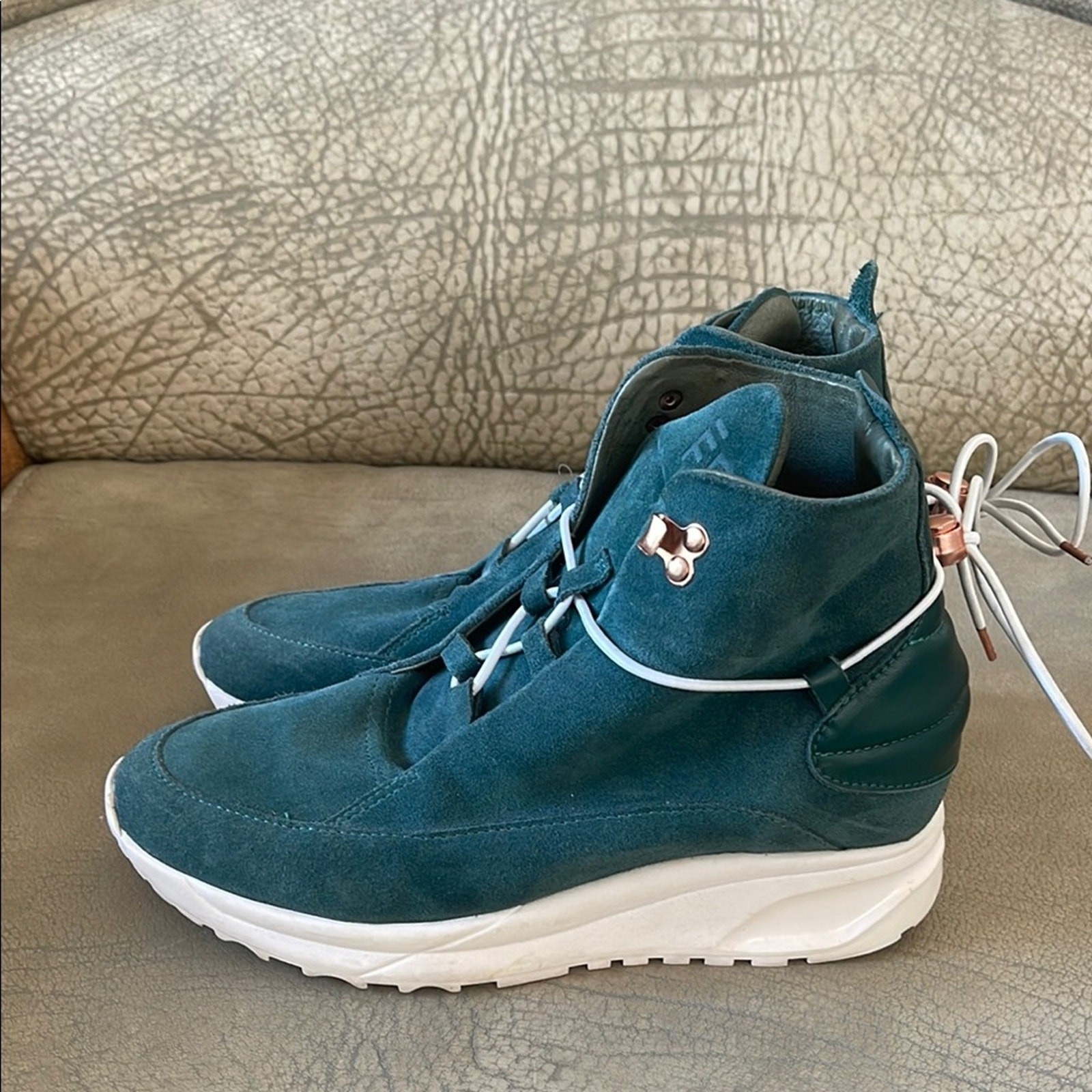 Filling Pieces Teal Hand Crafted Modern High-Top Women Leather Sneakers Size 38