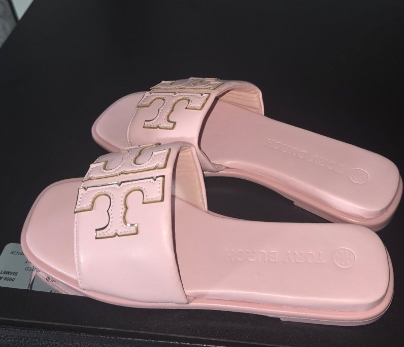 Tory Burch Slide Slip-On Sandals Pink Solid Logo Accent Leather Women’s US 7