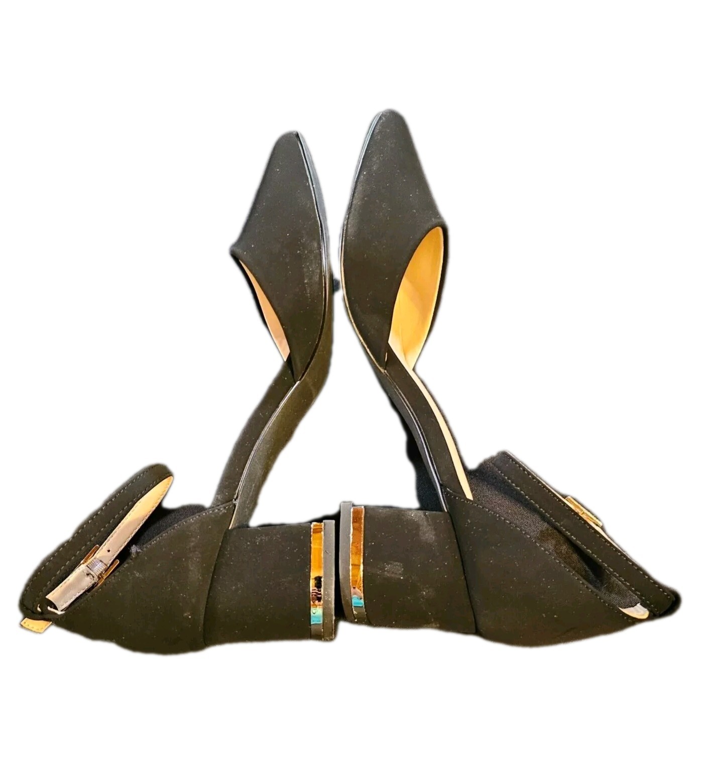 Womens SZ 8.5 black Velvet Chunky Pointed Toe Gold Accents Party/Cocktail,Career