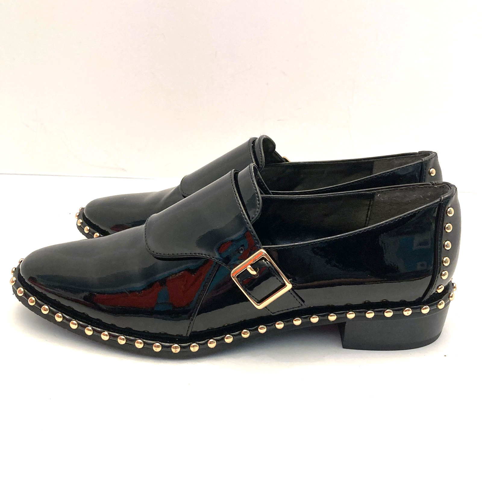 Adrianna Papell Womens 7M Pierce Monk Strap Loafer Black Patent Leather Studs