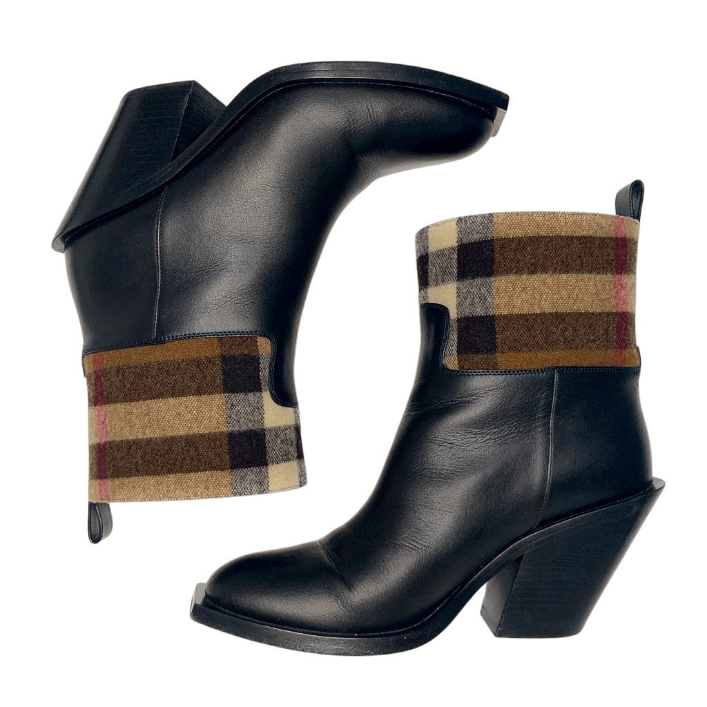 Burberry Danielle Low Calf Nova Check Heeled Boot EU 38 Leather and Wool Pull On