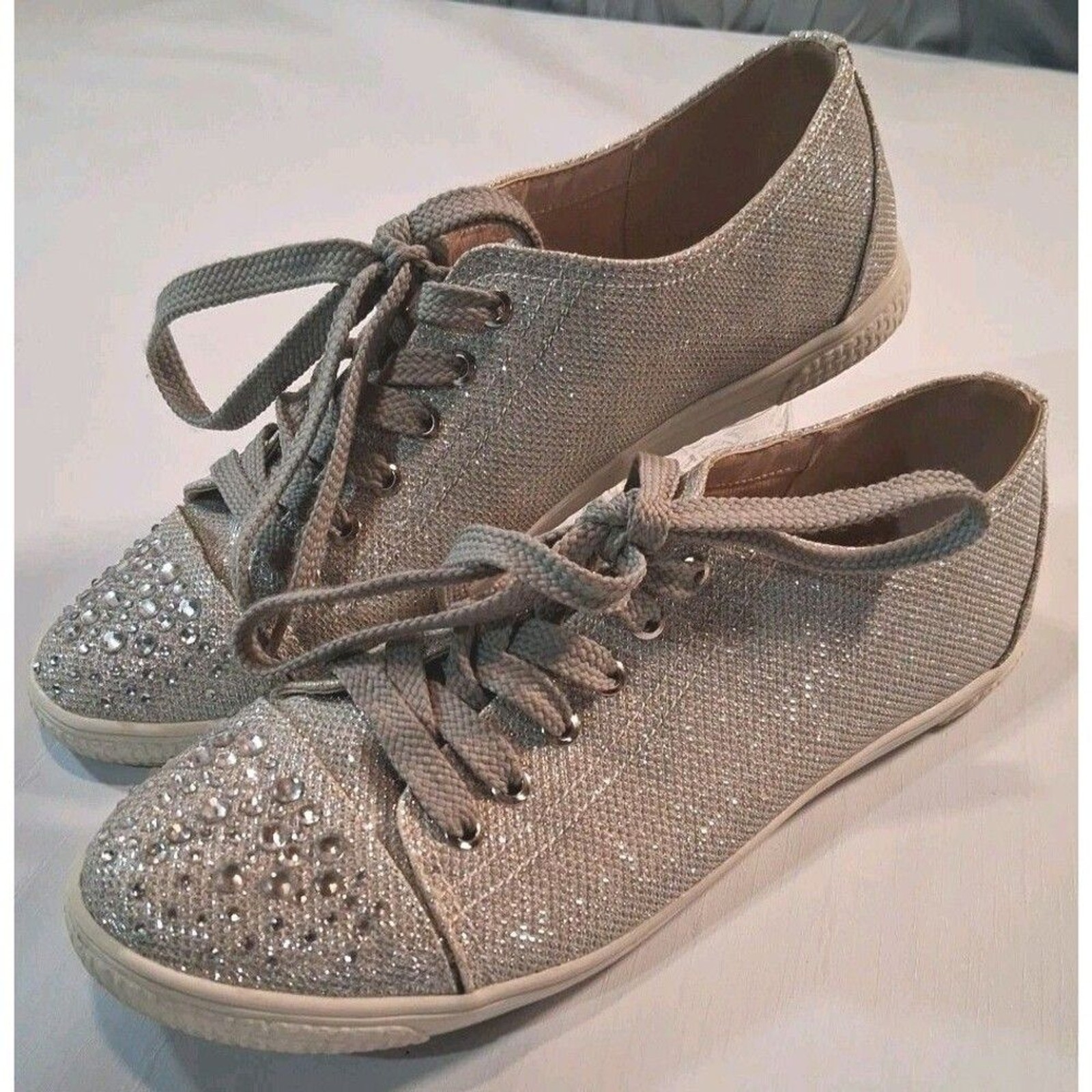 Your Party Shoes Sparkle Glitter Rhinestone Sneakers Low Top Lace Up Silver 11
