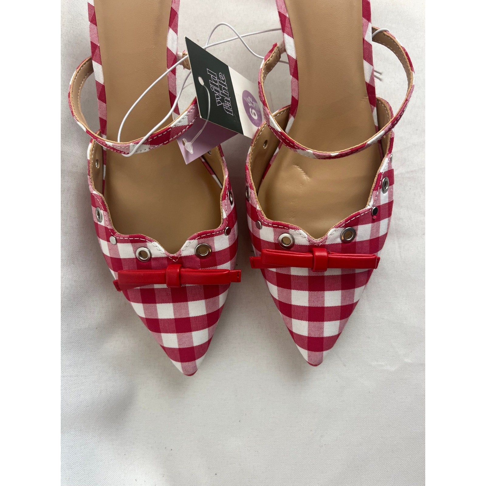Wild Fable Red White Gingham Kitten Heel Mules Pointed Toe Bow Grommet Shoes 6.5