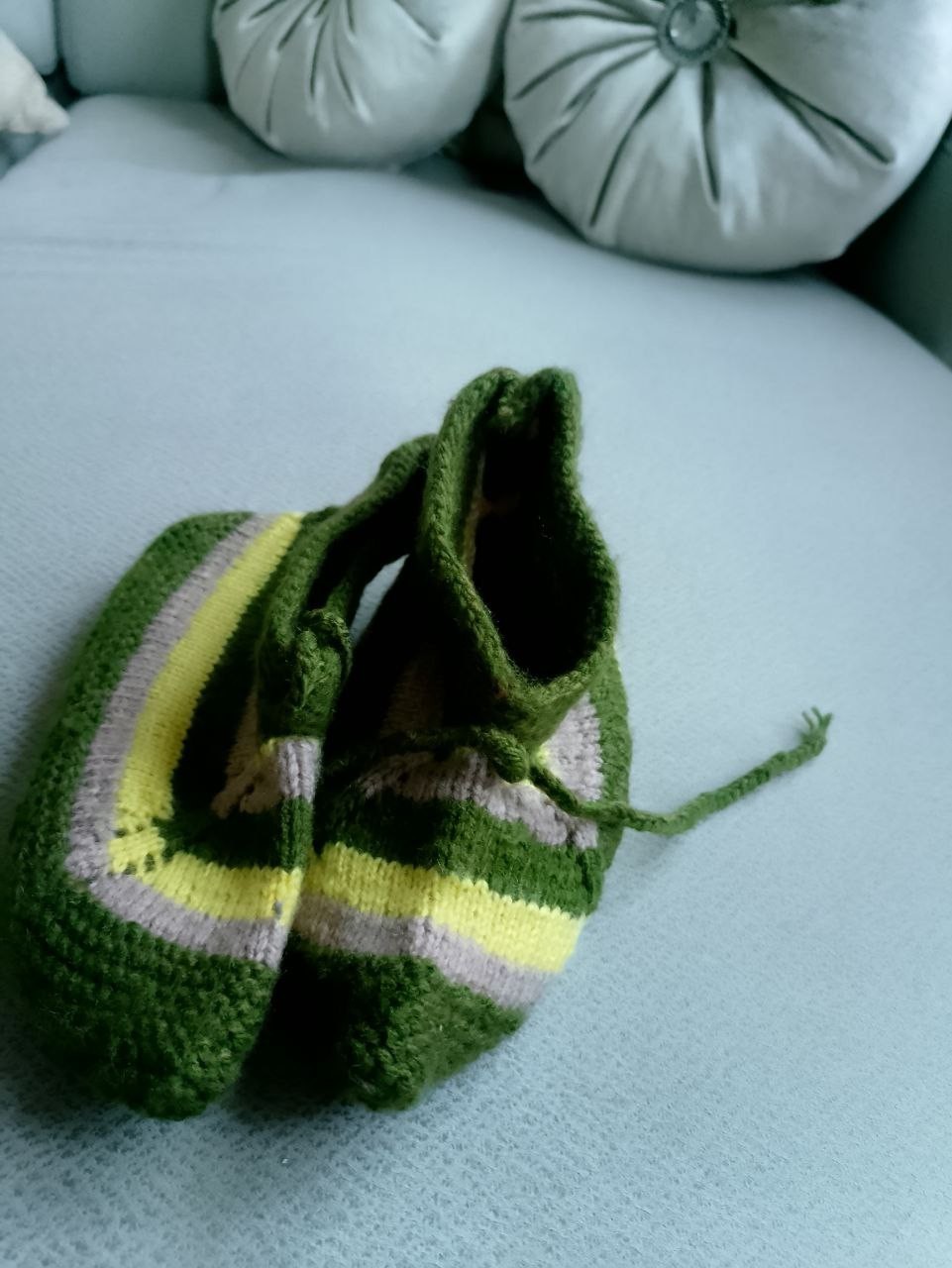Green and Yellow Striped Slippers – Handmade Wool Booties