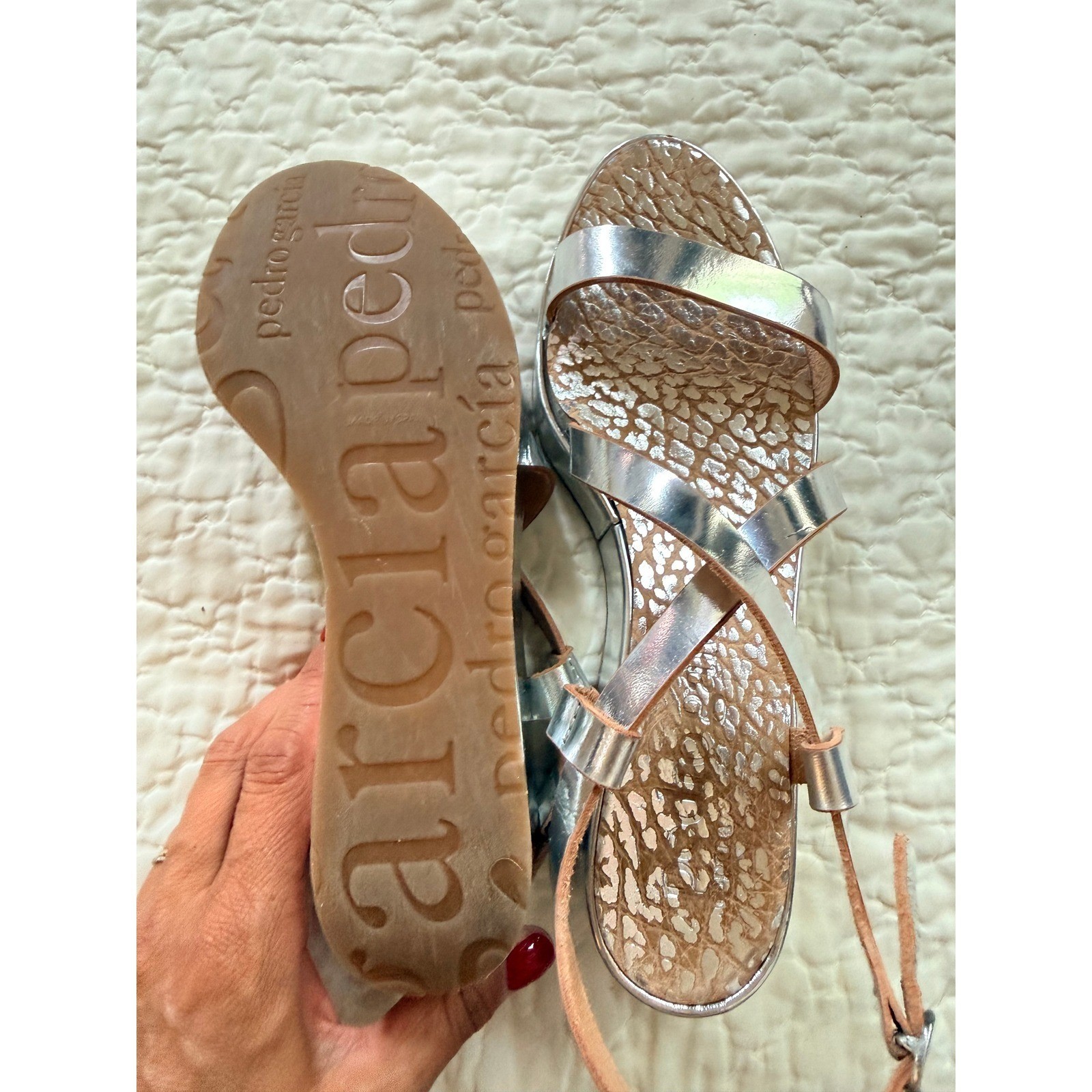 Pedro Garcia Silver Metallic Platform Sandals Block Heel Mirror Finish Strappy
