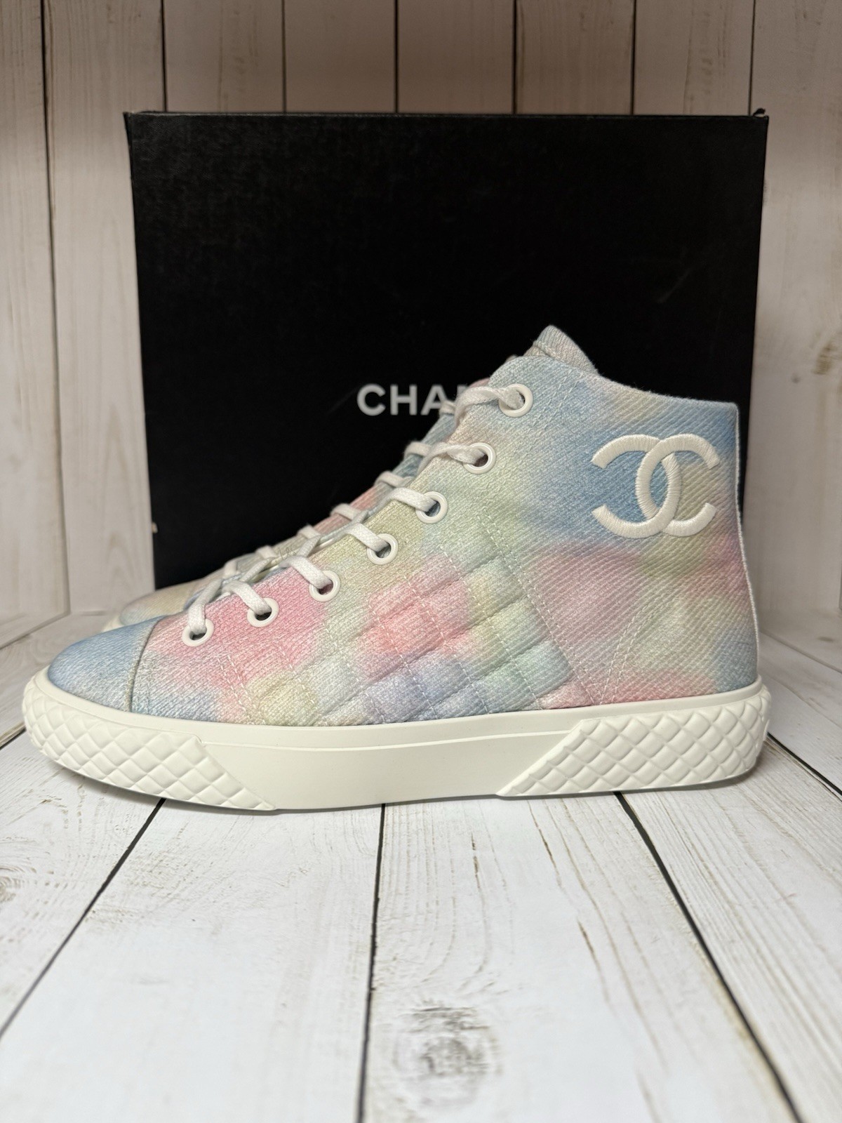 CHANEL Printed Fabric Quilted High Top Sneakers Green Pink Blue Sz 39 / 9