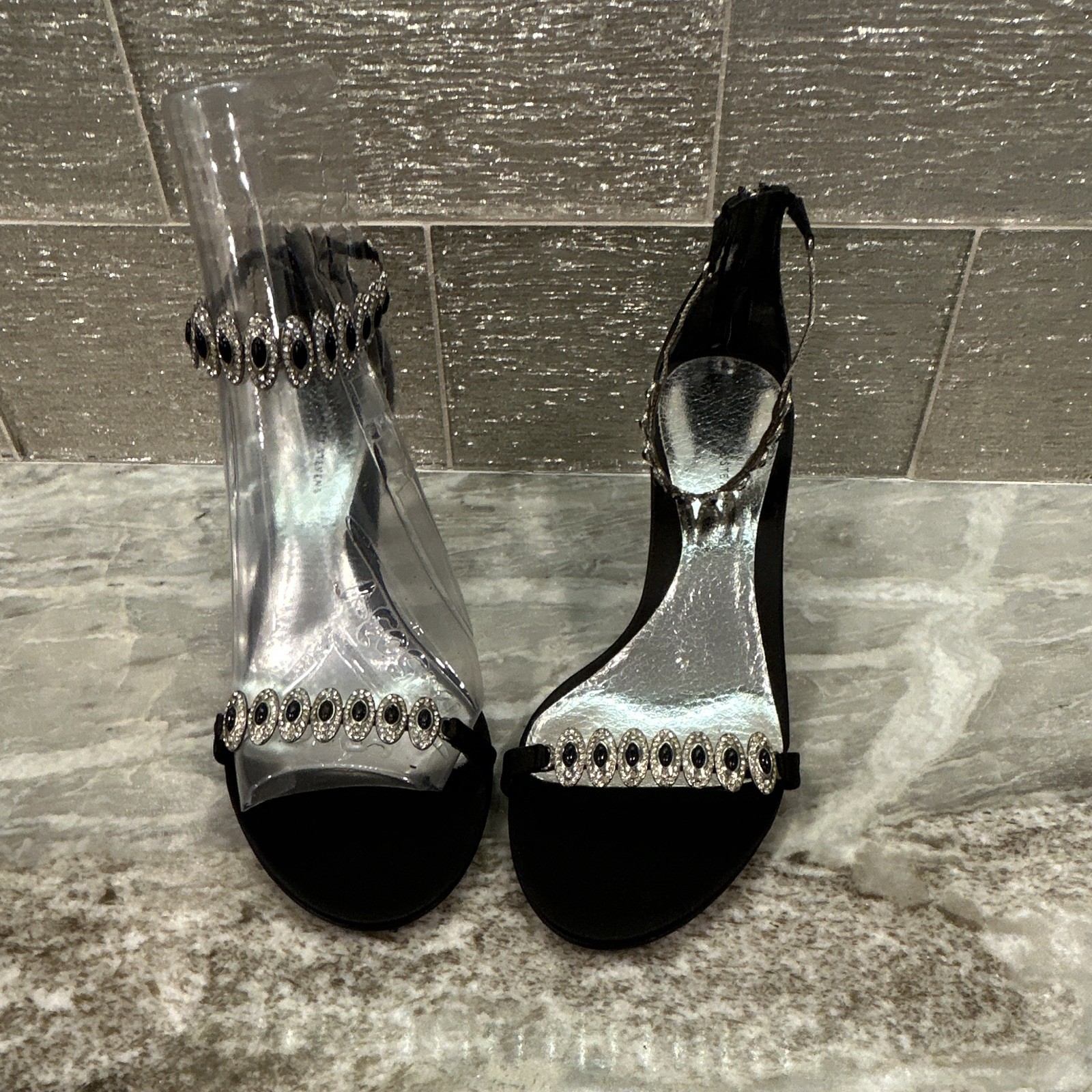 Valerie Stevens Black Satin Rhinestone Strappy Open Toe Ankle Strap Heels 9 M