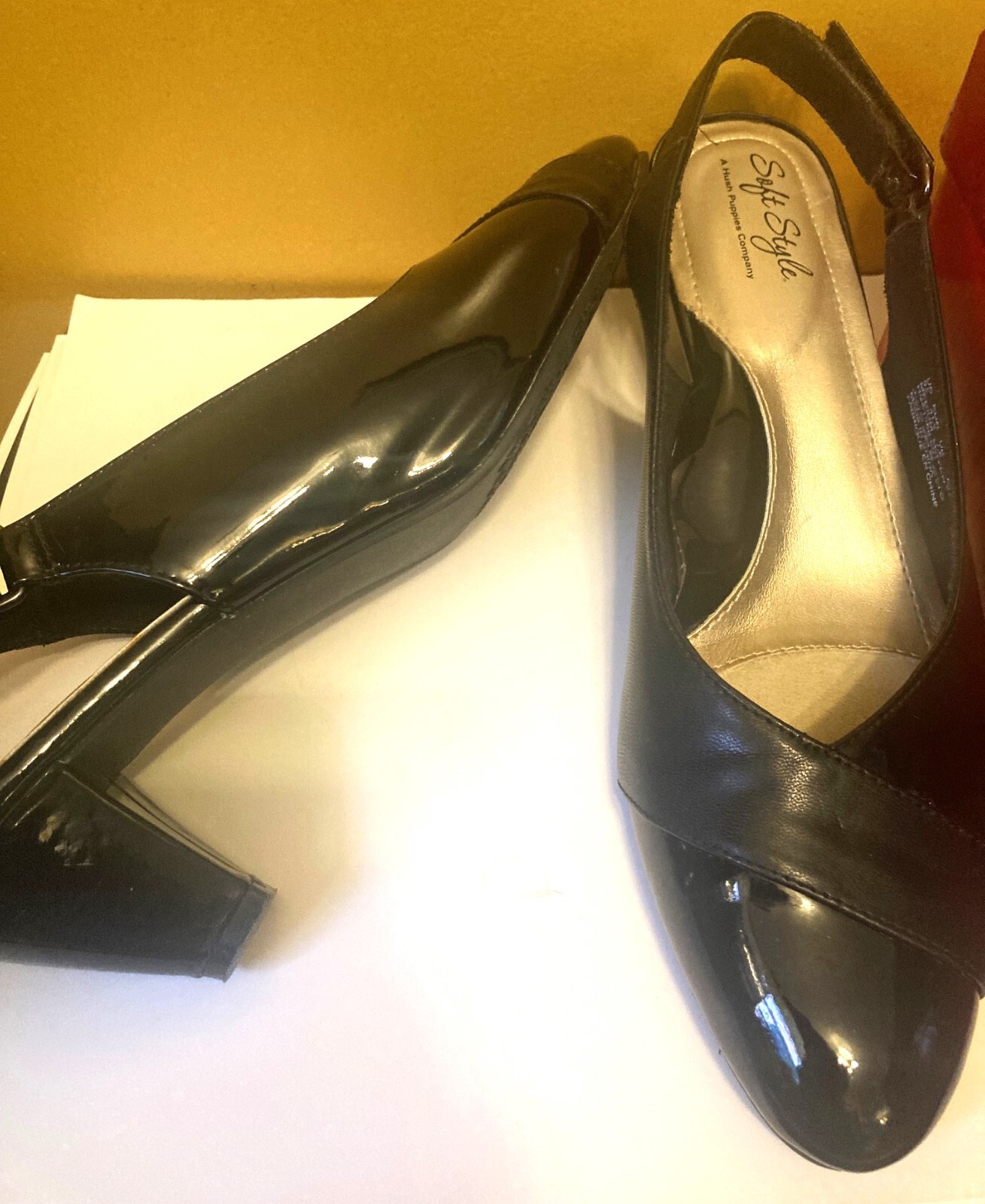 Soft Style Hushpuppy Patent Leather Slingback Shoe 9.5M Black 2.5″Cone Heel