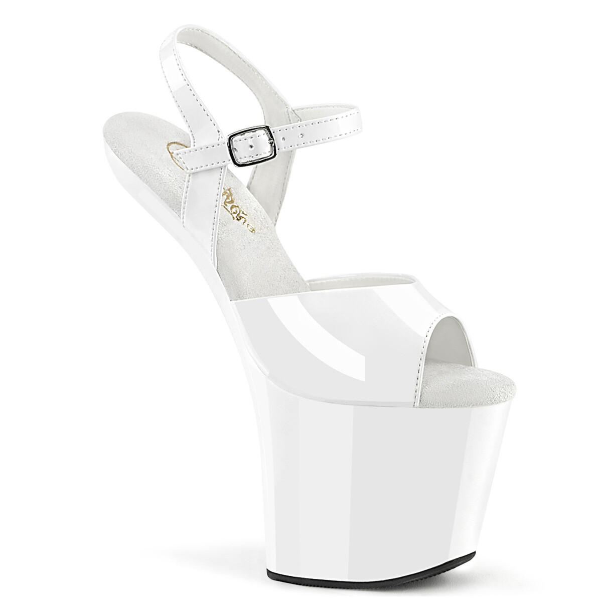 WHITE HEELLESS PF SANDAL8″ ANKLE BUCKLE-Sz 6 7 8 9 10 11 12 13 14