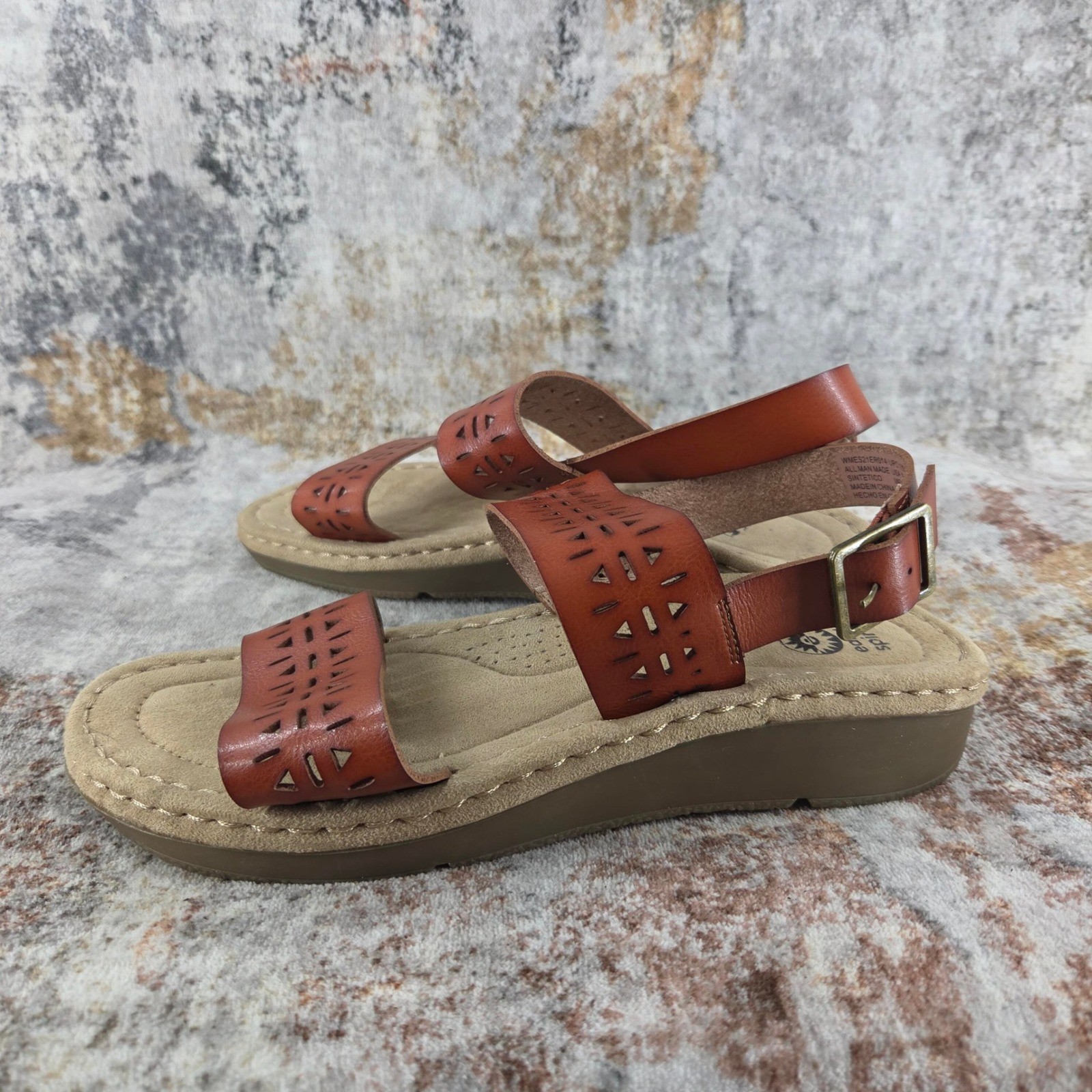 Earth Spirit Wedge Sandals Women 9.5 Cognac Brown Laser Cutout Summer Boho Beach