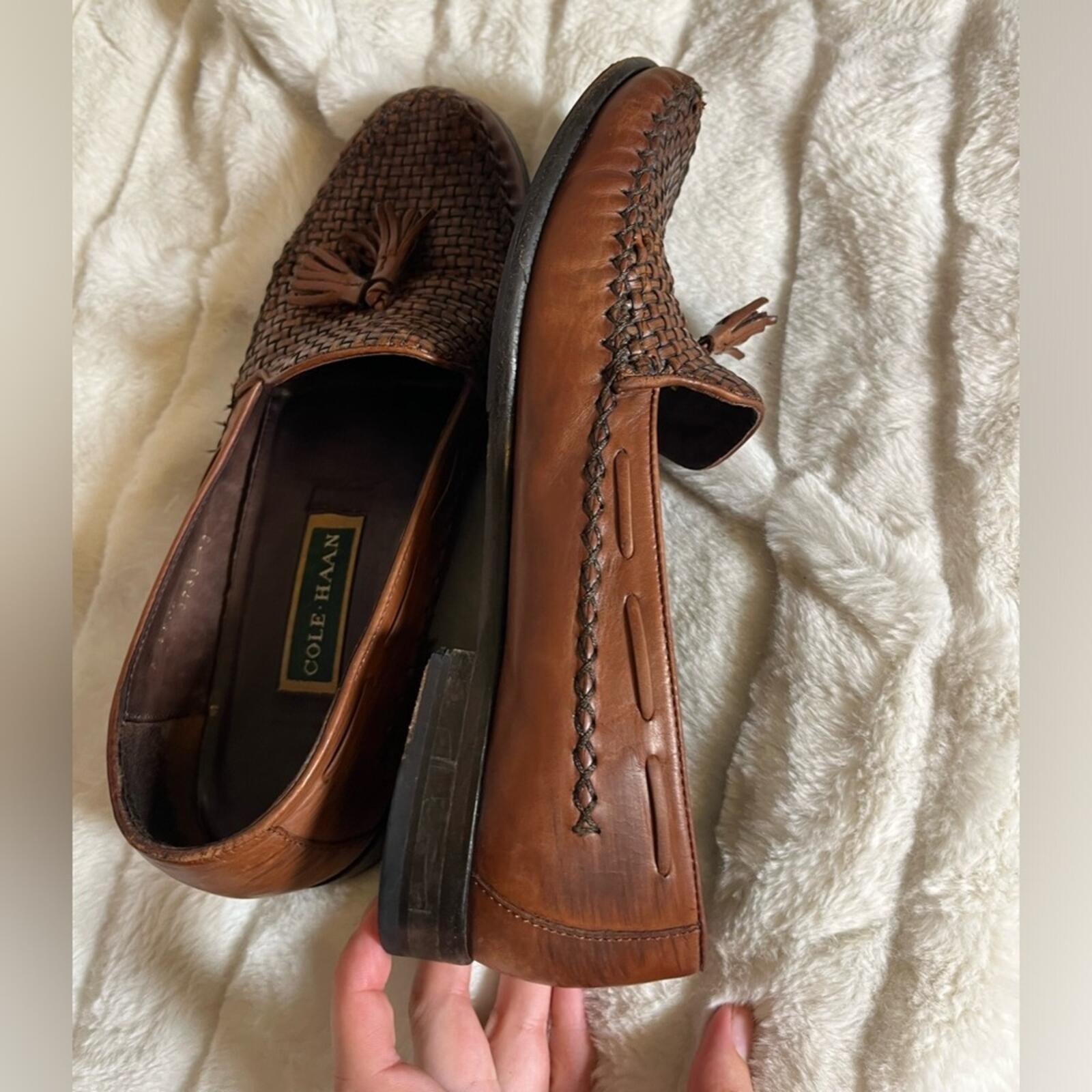 Cole Haan Womens 9.5B Vintage Brown Woven Leather Tassel Moccasin Workwear Shoes