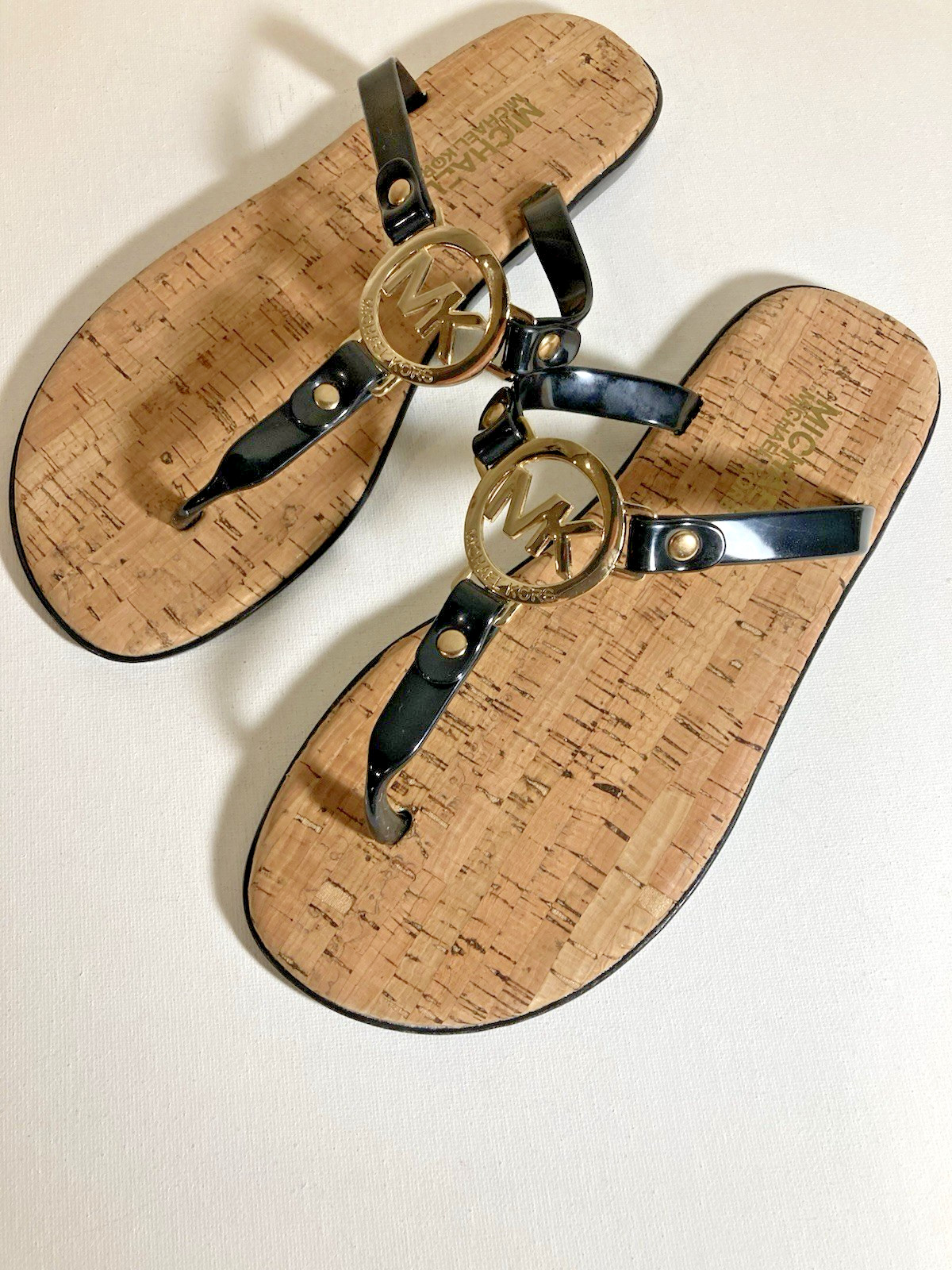 NEW MICHAEL KORS BLACK JELLY AND CORK MK THONG T STRAP SANDALS SZ6