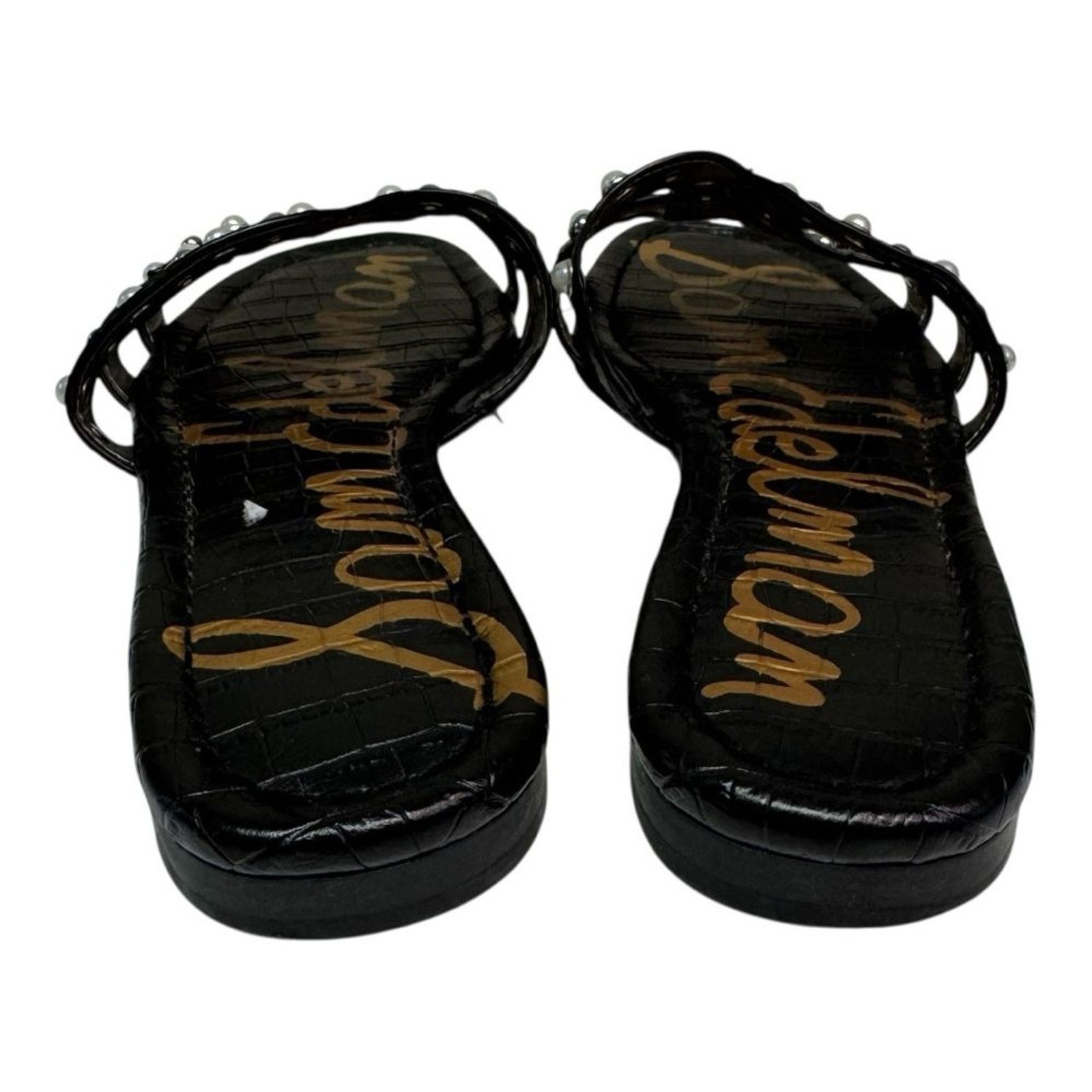 Sam Edelman Women Black Leather Studded Pearl Embellished Slide Sandals SZ 6.5