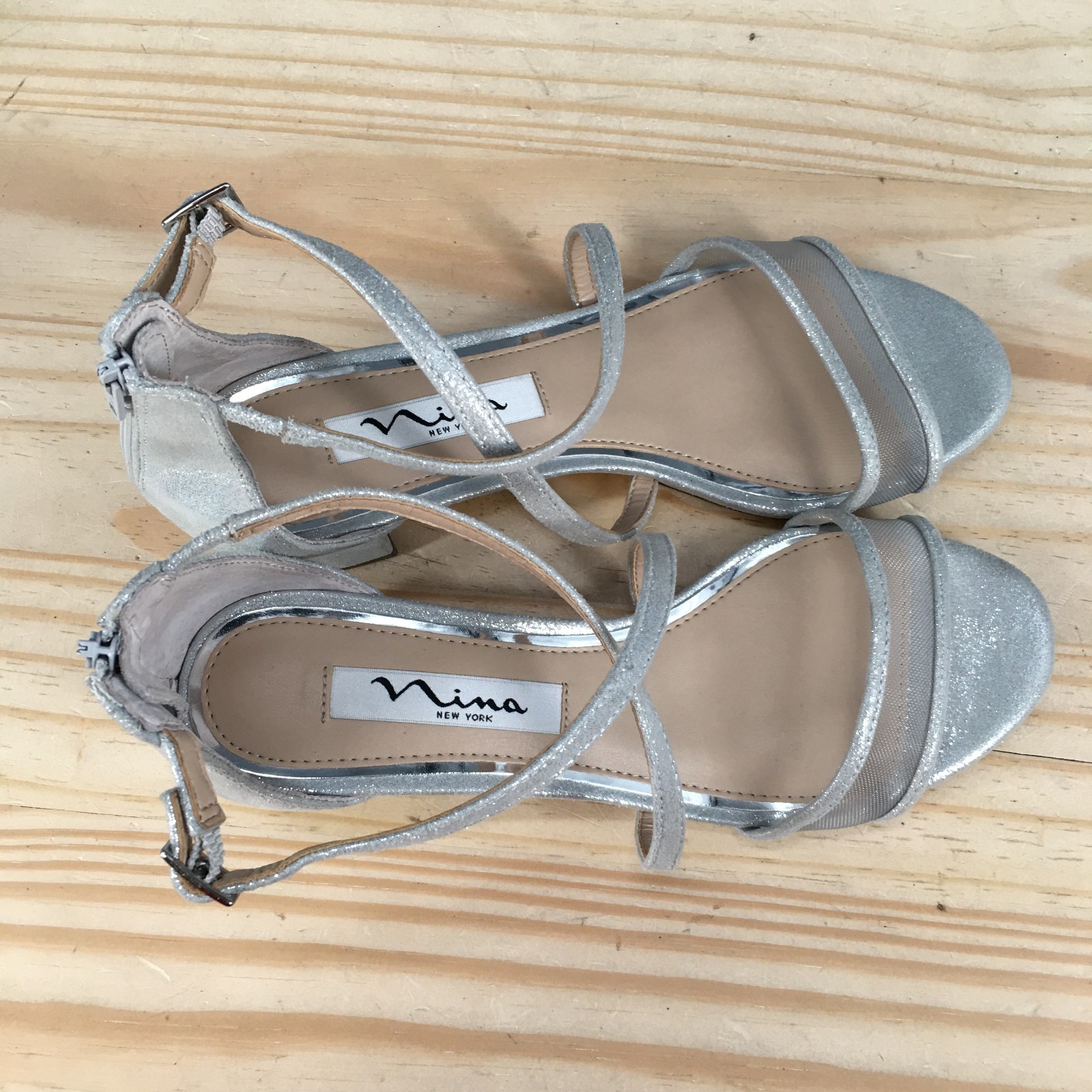 Nina Sandals Womens 6 M Ankle Strap Back Zip Casual Comfort Block Heels Silver