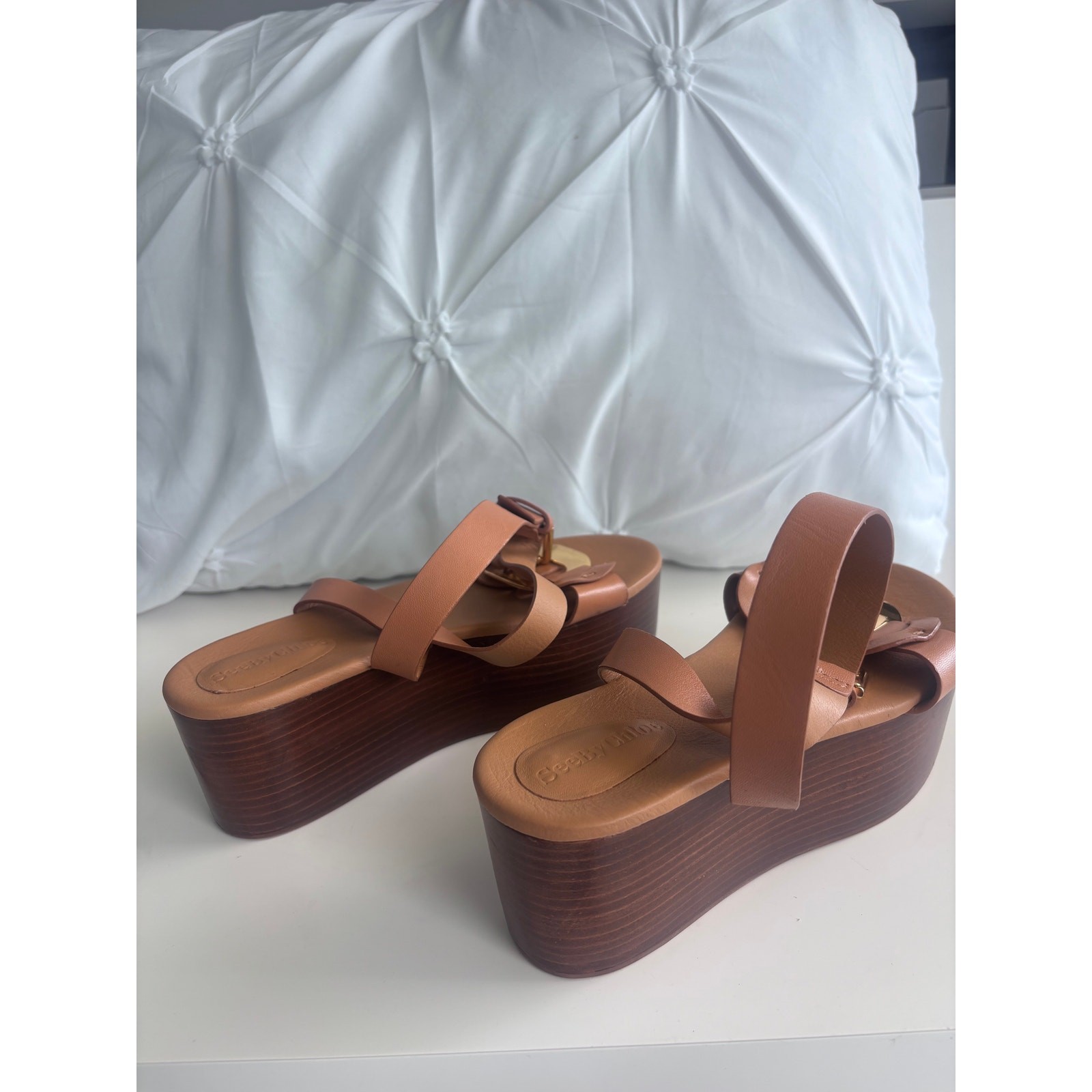 SEE BY CHLOE Chany Brown Slides Wedge Buckle Sandals Women’s Size 38