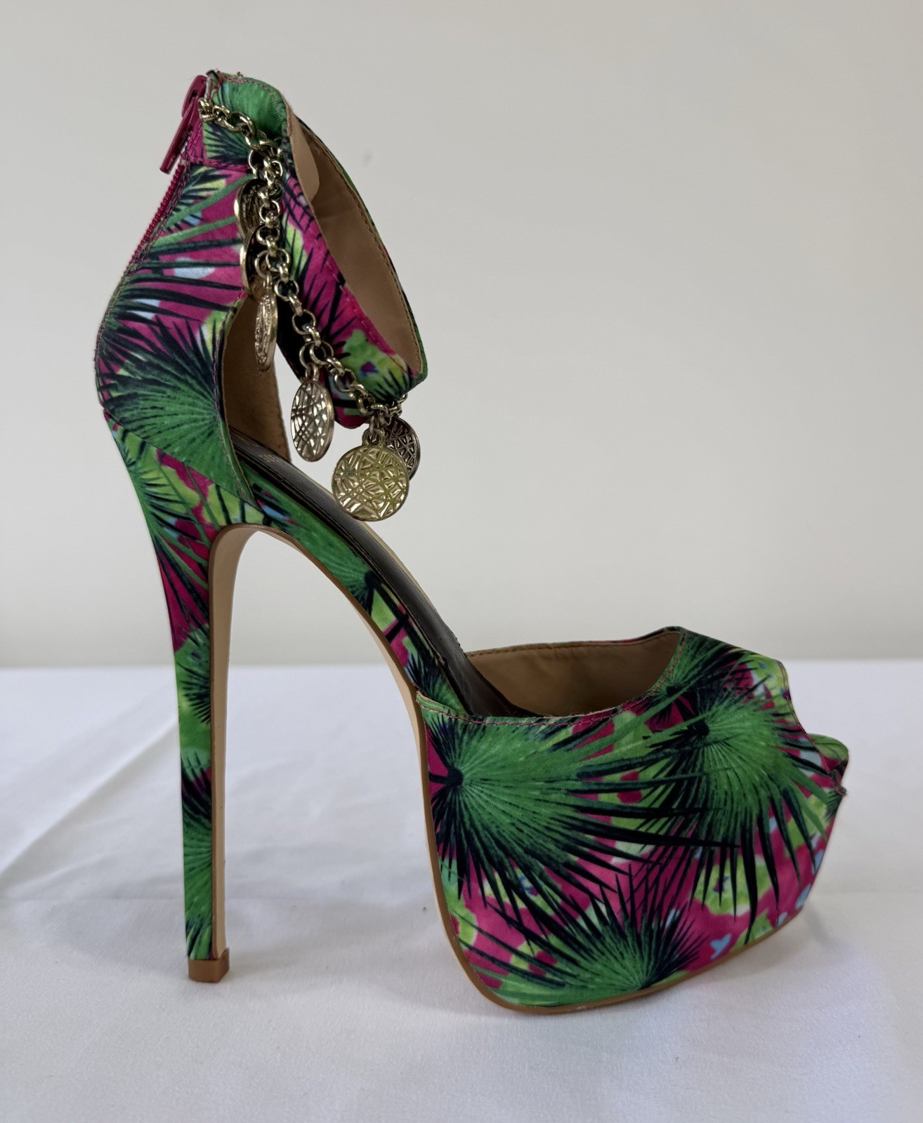 JOY Tropical Print Platform Heels 8.5 US Stiletto Ankle Strap Coins Charm