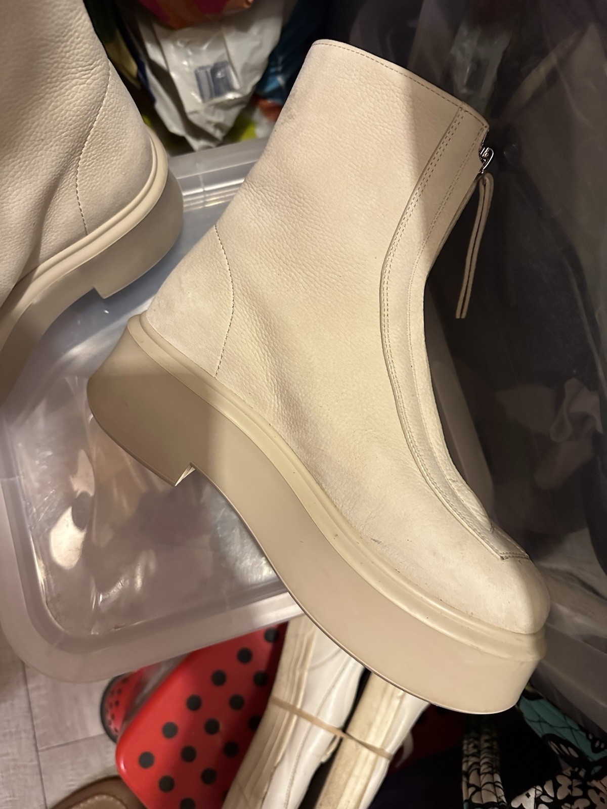 The Row Nubuck Leather Platform Ankle Boot Front Zip Round Toe Block Heel 7.5