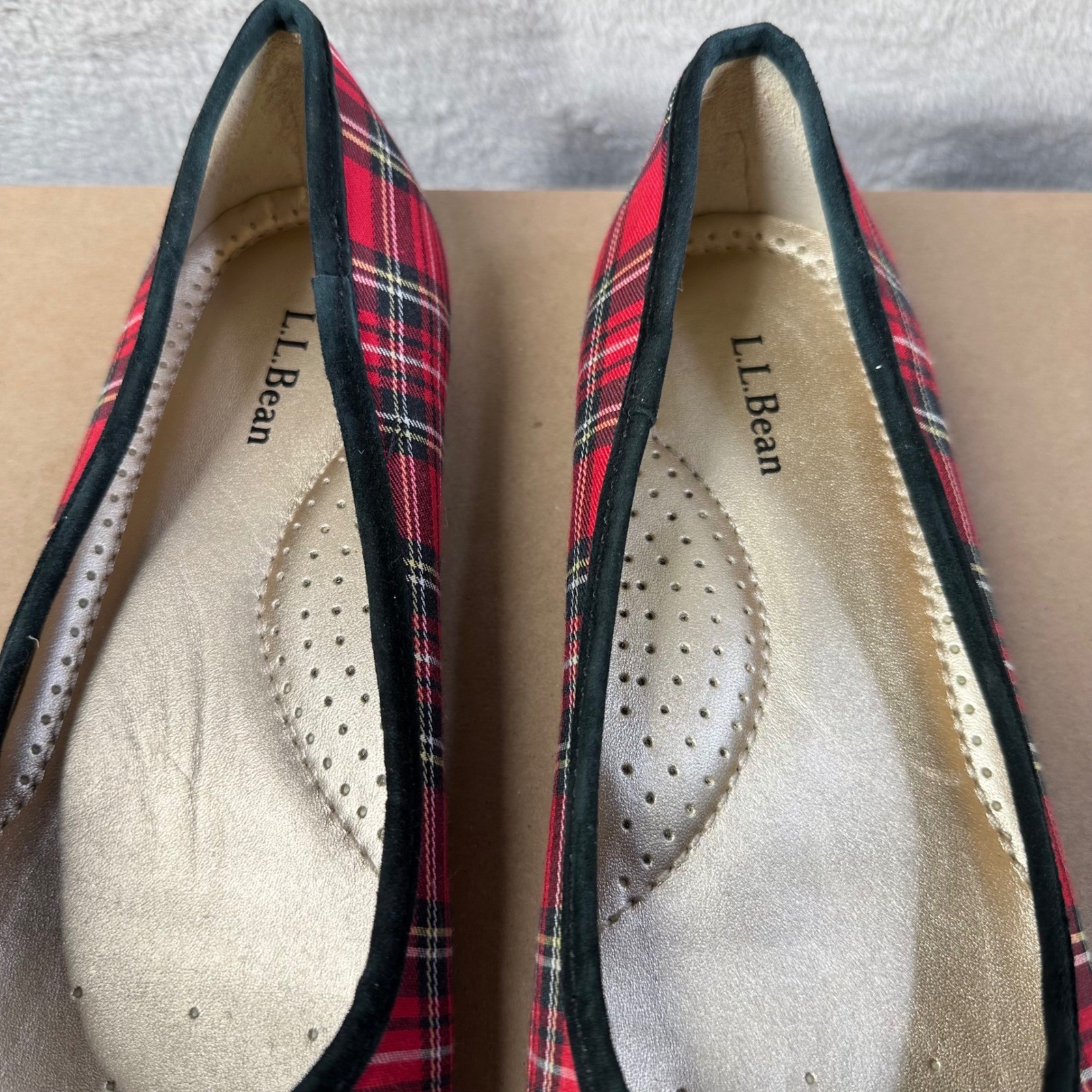 L.L. Bean Ballet Flats Women 8M Red Plaid Stewart Tartan Bow Preppy Holiday