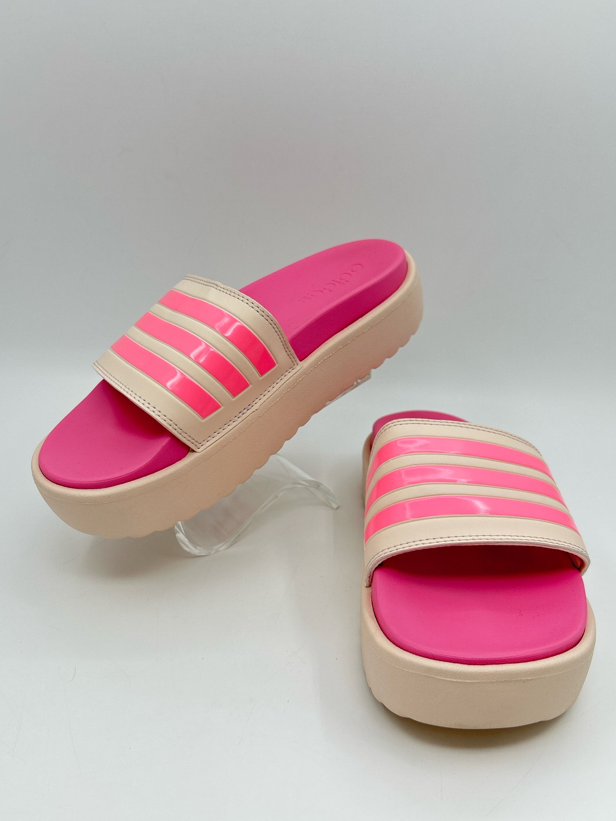 ADIDAS Adilette Platform Slide Sandals SZ 7 PINK BEIGE Women Flats Beach Logo