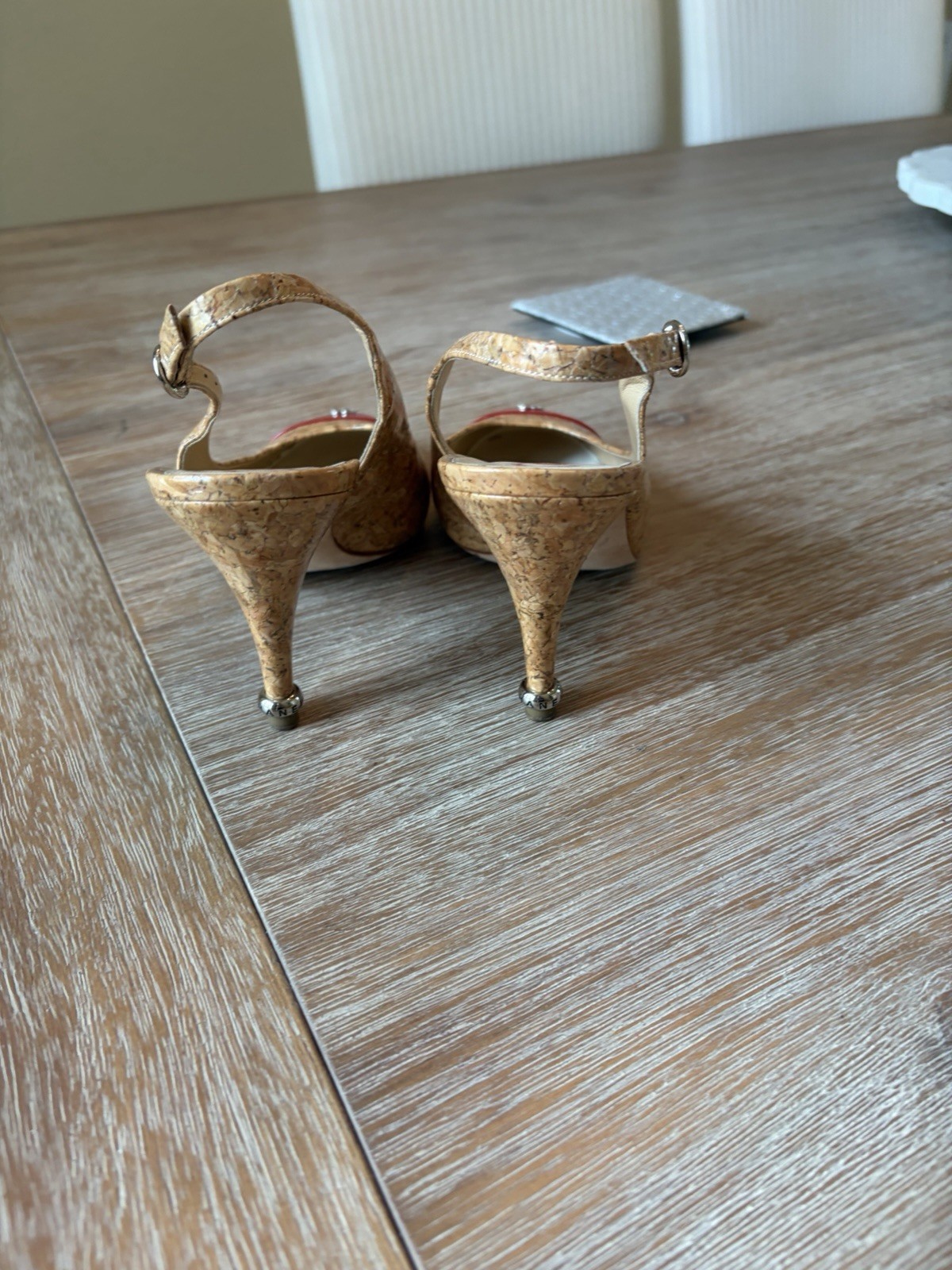 CHANEL Cork Slingback Heels Red Cap Toe CC Logo Buckle Women’s EU 38