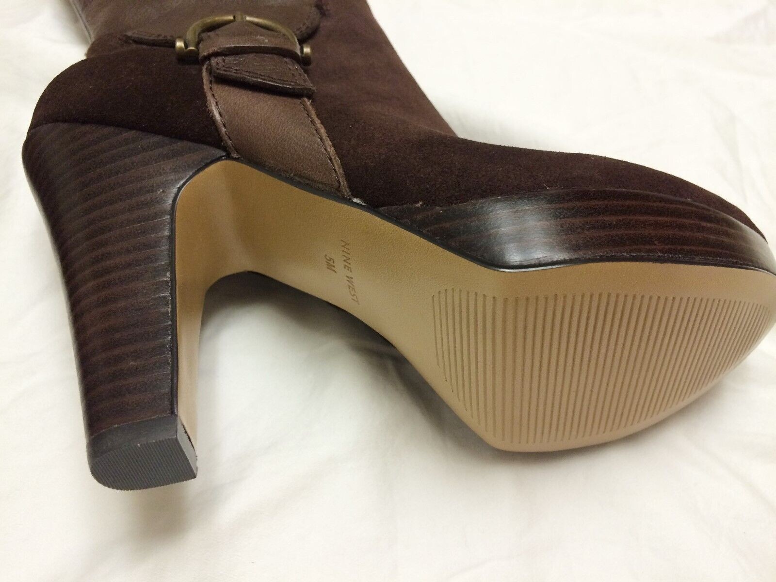 Women Shoe Size 5M Nine West Brown Leather/Suede Knee High Boots Side buckle-NEW