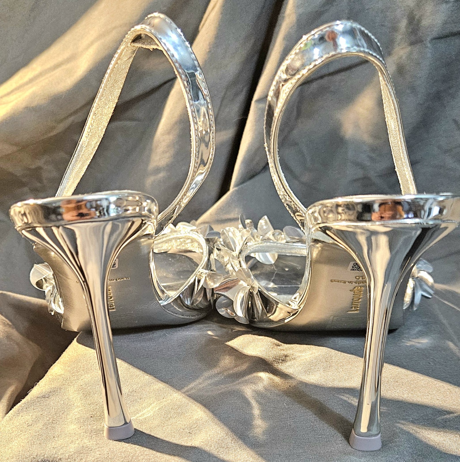Womens Larroudé Morgan Sandals Silver Specchio Size 10 Stiletto Sling Back…