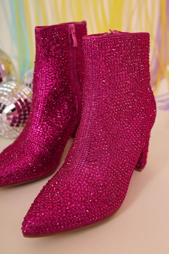 New Fuchsia Hot Pink Rhinestone Embellished Bling Ankle Boots Booties Block Heel