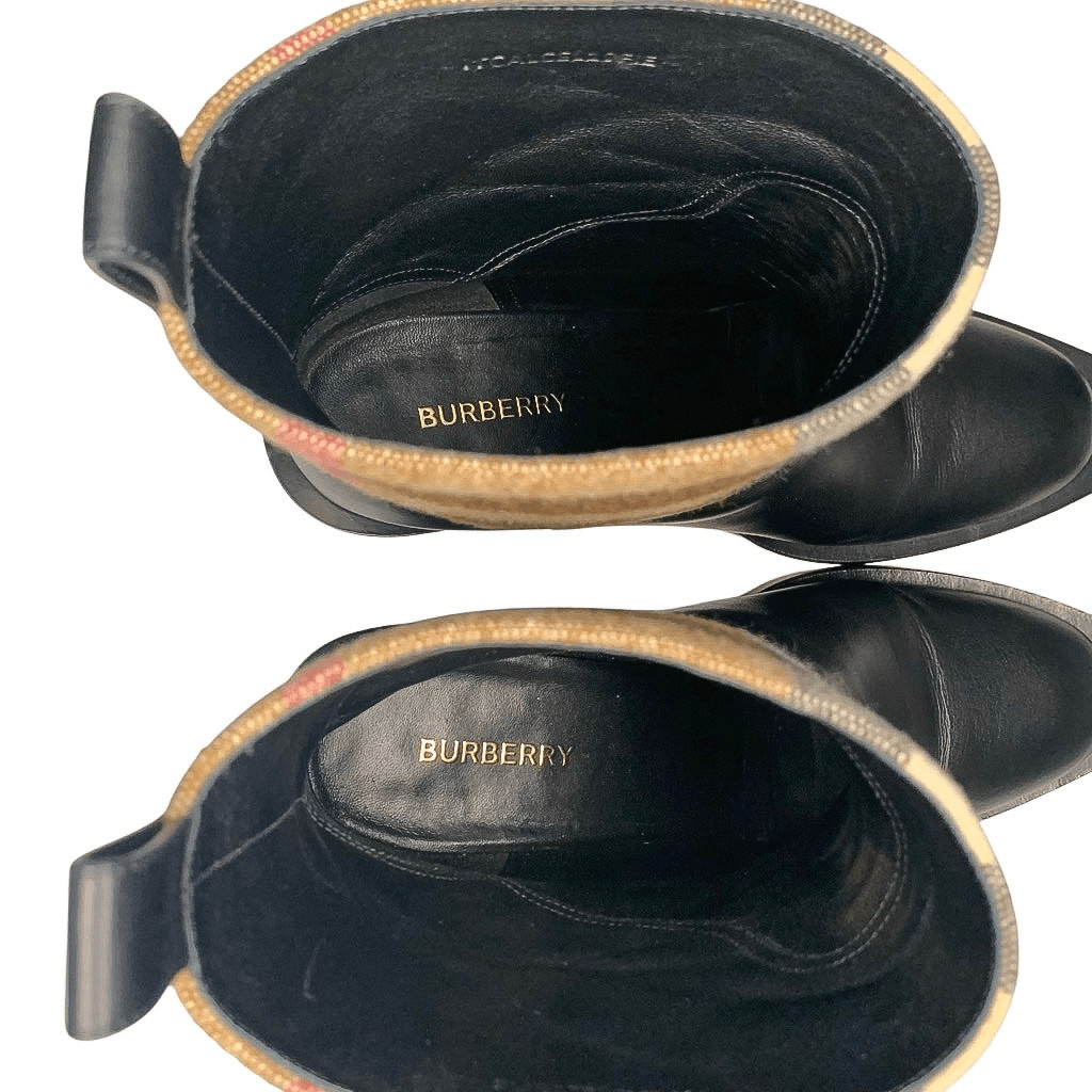 Burberry Danielle Low Calf Nova Check Heeled Boot EU 38 Leather and Wool Pull On