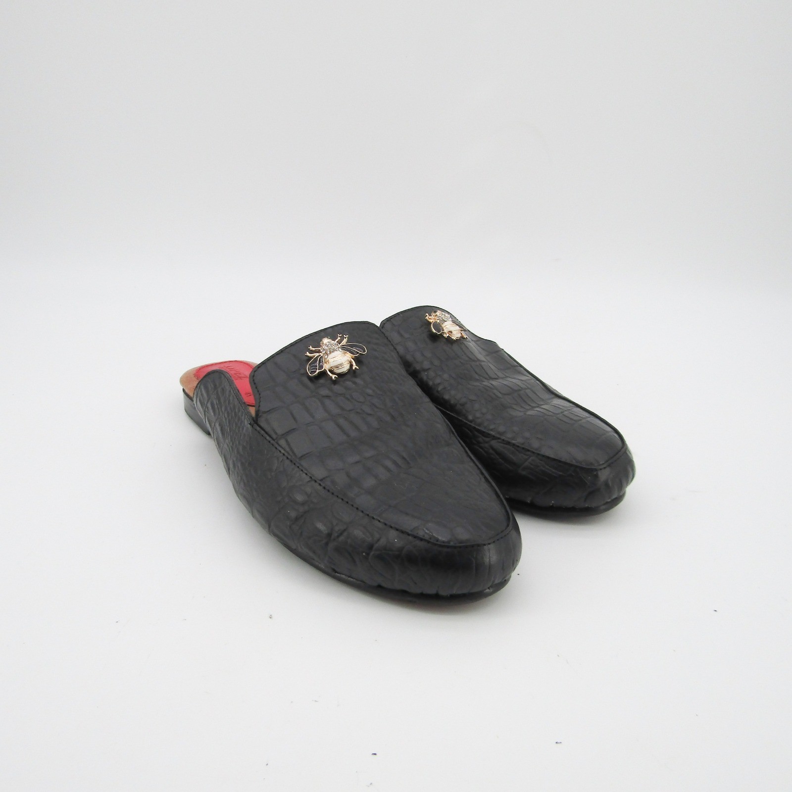 Lopez Indumentaria Black Croc Embossed Bee Embellished Mules Women Size 41
