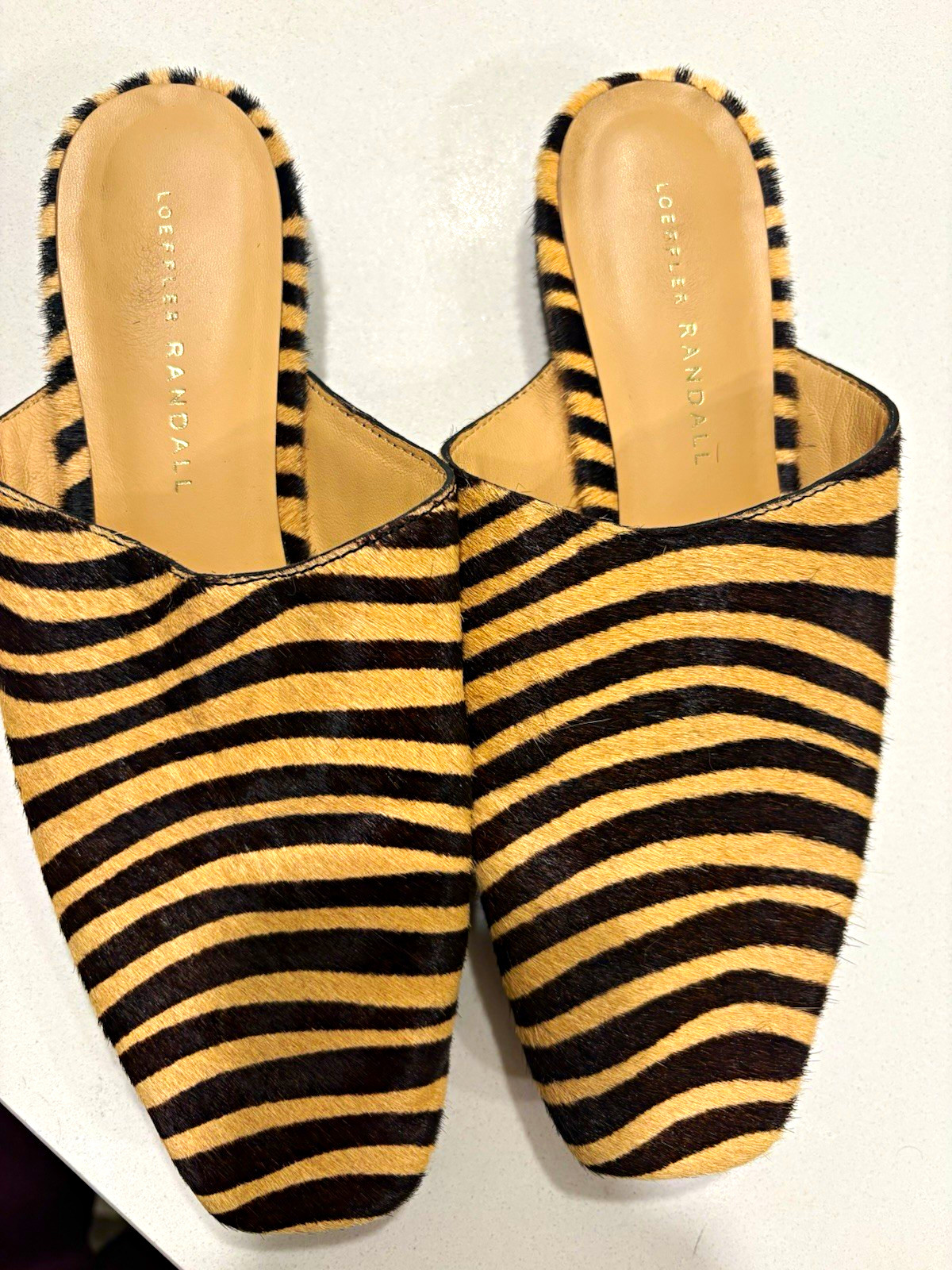 Loeffler Randall Women’s Beige Black Animal Print Fur Mule Square Toe 7B