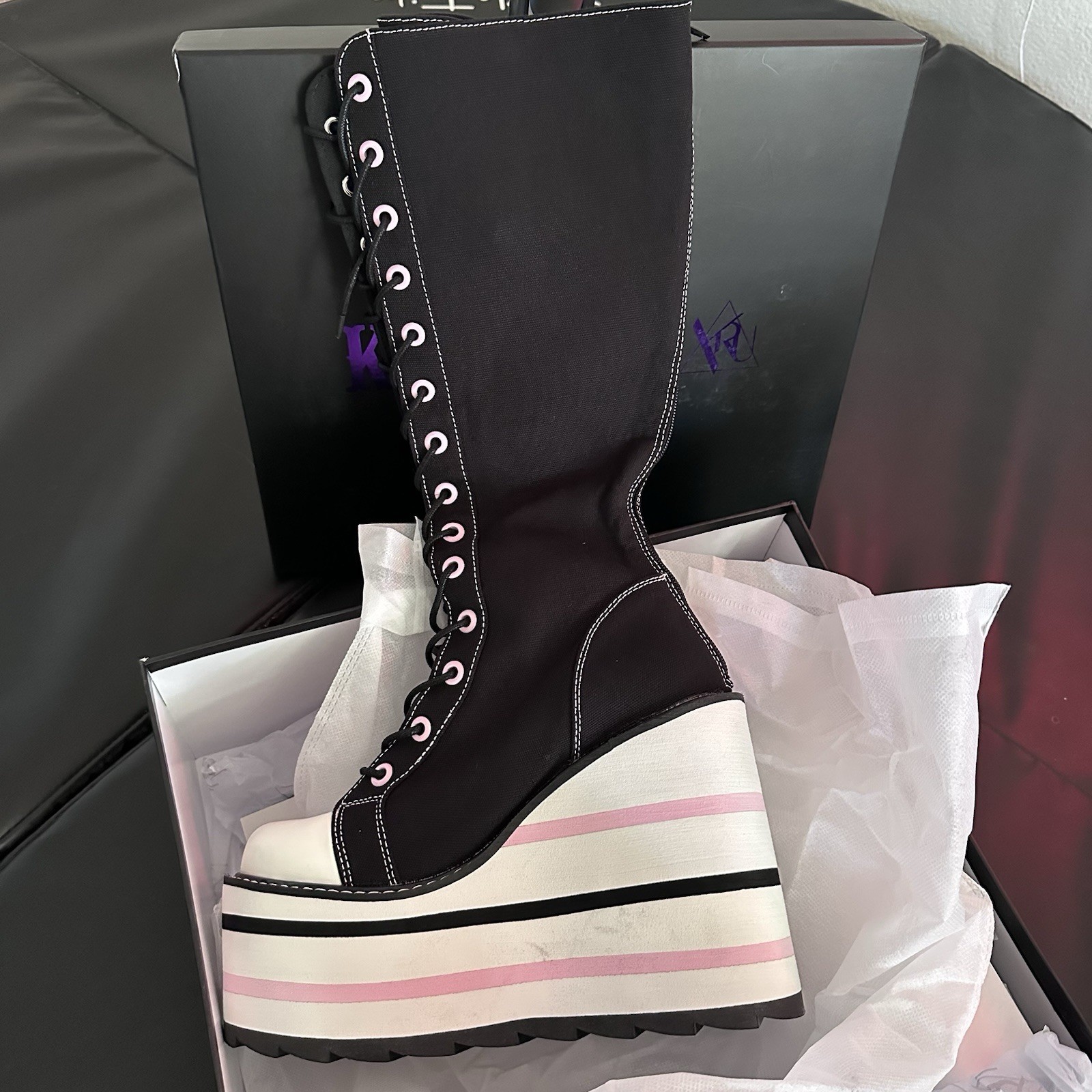 YRU x Kuromi Detention Platform Boots Black Pink White Women’s New In Box Size 9