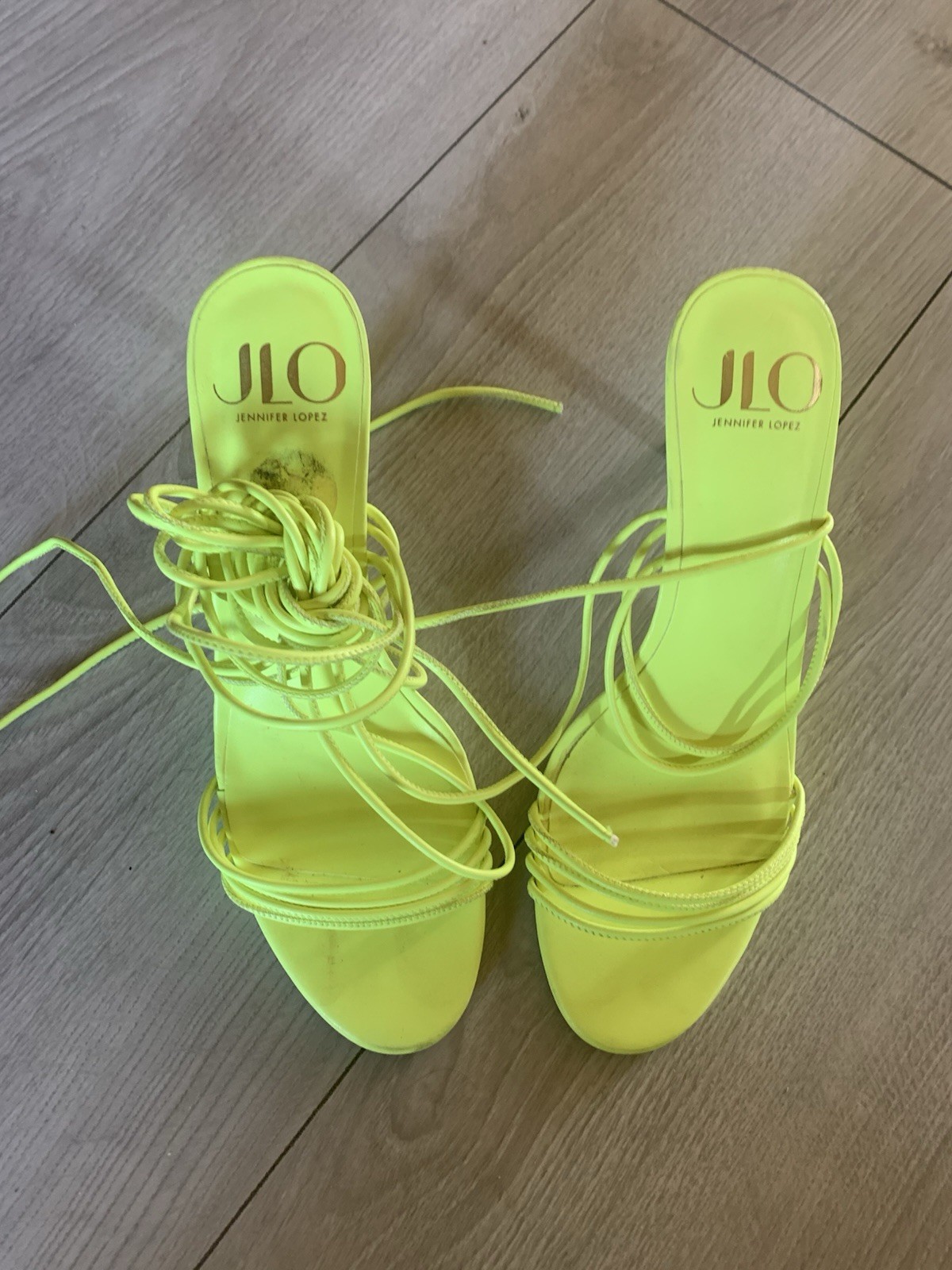 JLO Jennifer Lopez Neon Yellow Strappy Lace-Up Stiletto Sandals Women 8.5M