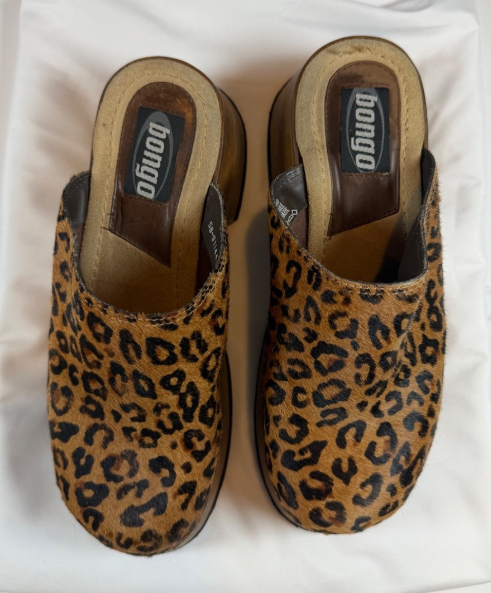 Womens 9 Bongo Leopard Platform Clog Mules Wood Slip On Shoes Y2K Vintage Rare