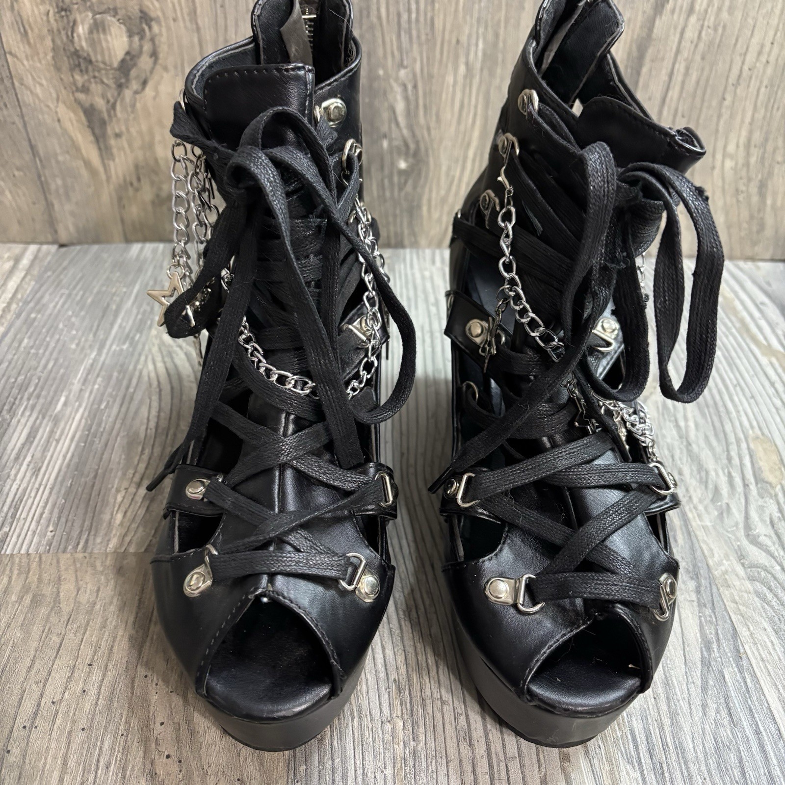 Goth Grunge Platform Gladiator Wedge Chain Charm Black Sandals Women’s 41/ 10