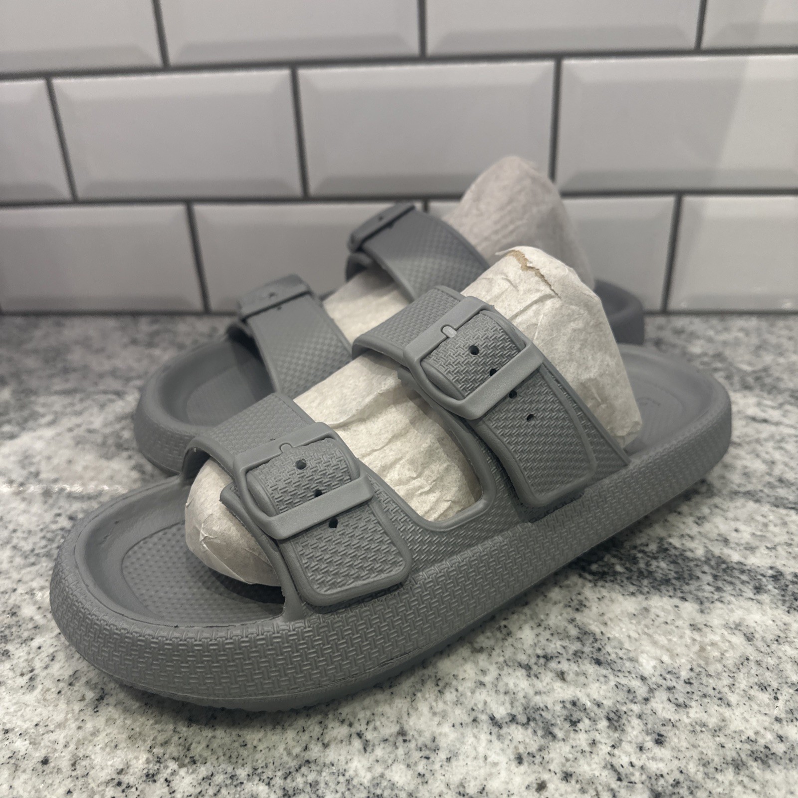 J Slides Beach Size 9 M Grey Eva Two Strap Buckle Summer Sandals Comfort New