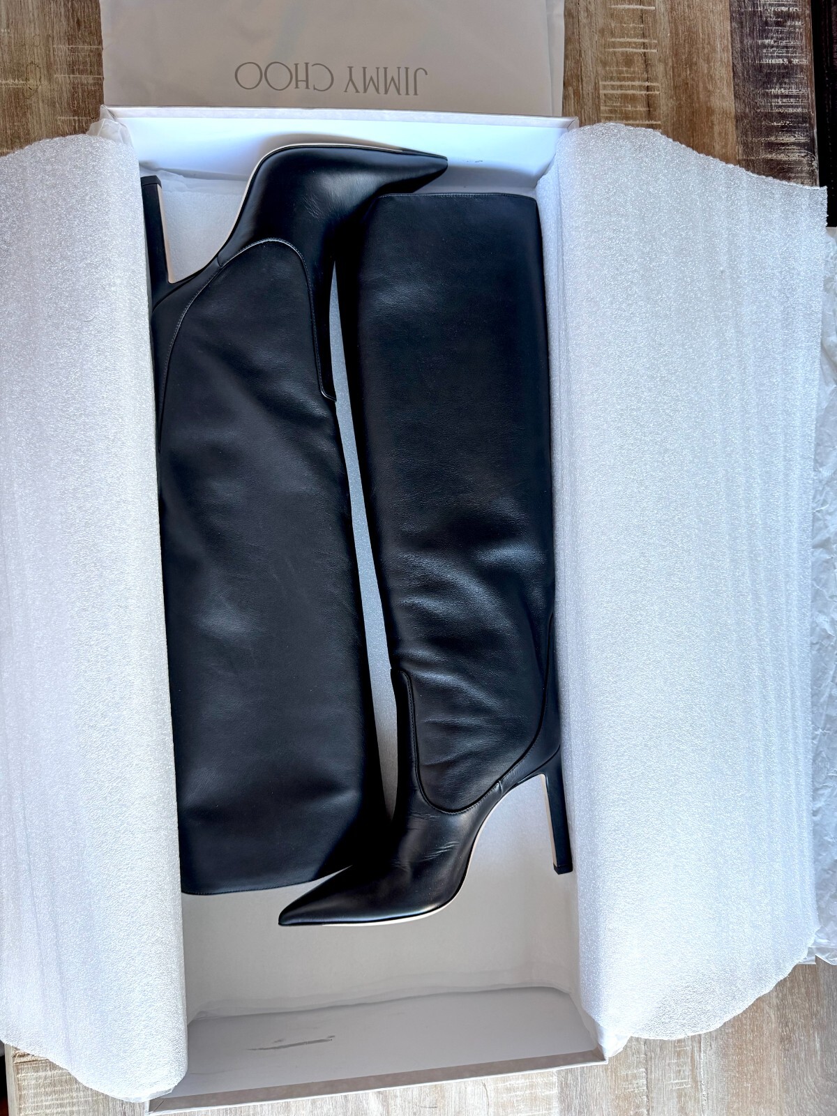 JIMMY CHOO-Mavis 100 Black Smooth Leather Knee-High Boots Size 36 – New with Box