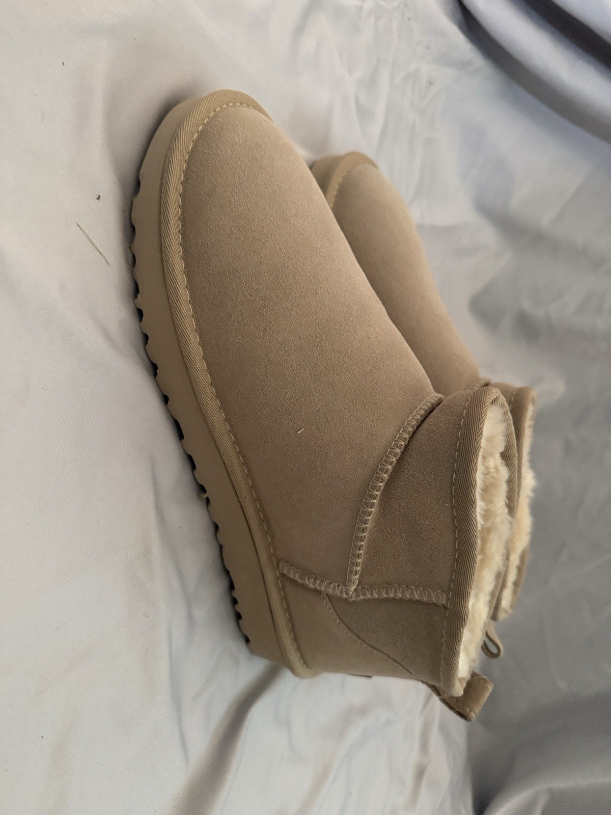 UGG Ultra mini Unisex Womens US 12 Beige Suede Faux Fur Lined Bootie Pull-On