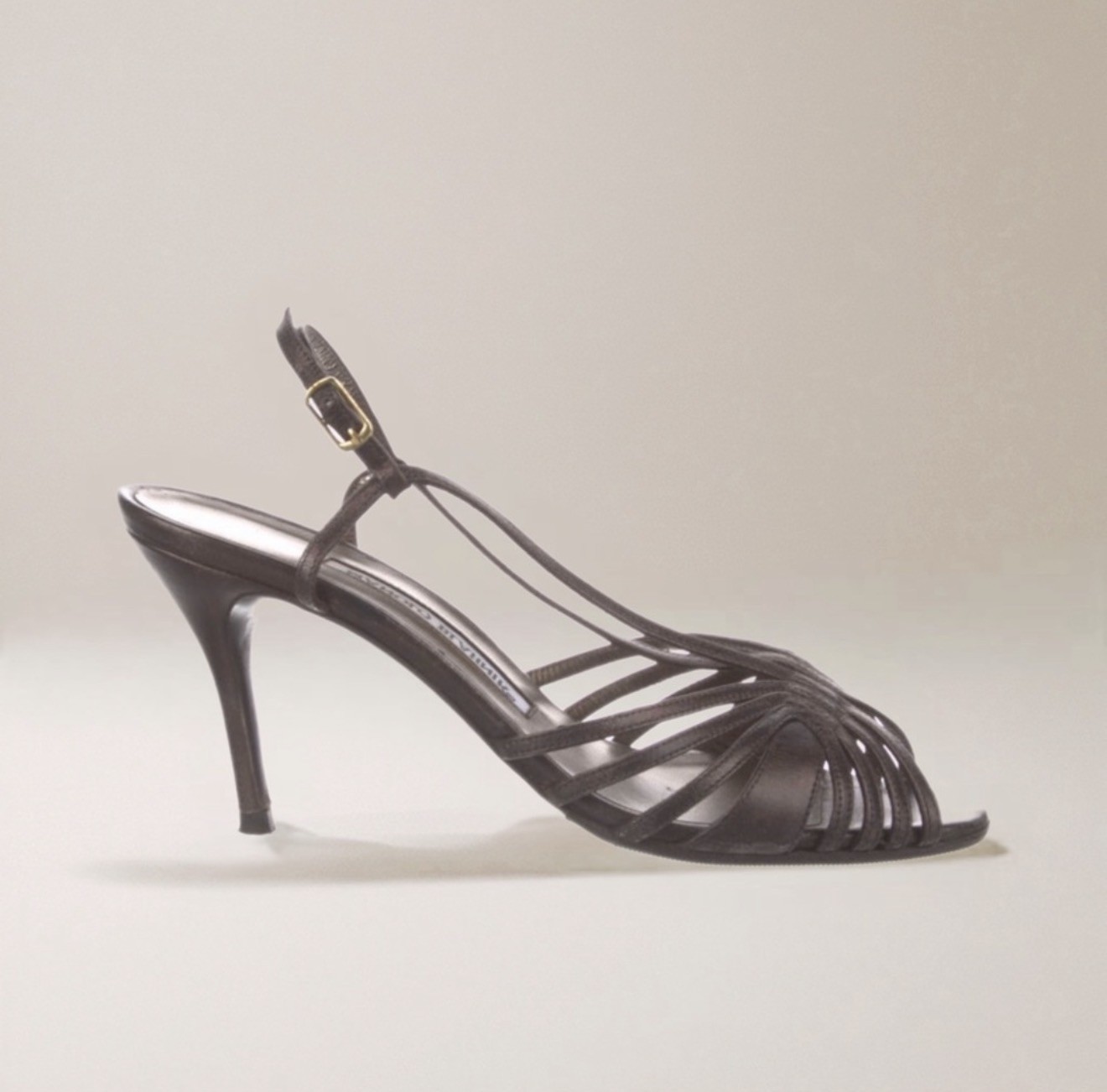Manolo Blahnik Vintage Metallic Gunmetal Leather Strappy Slingback Heels 37.5