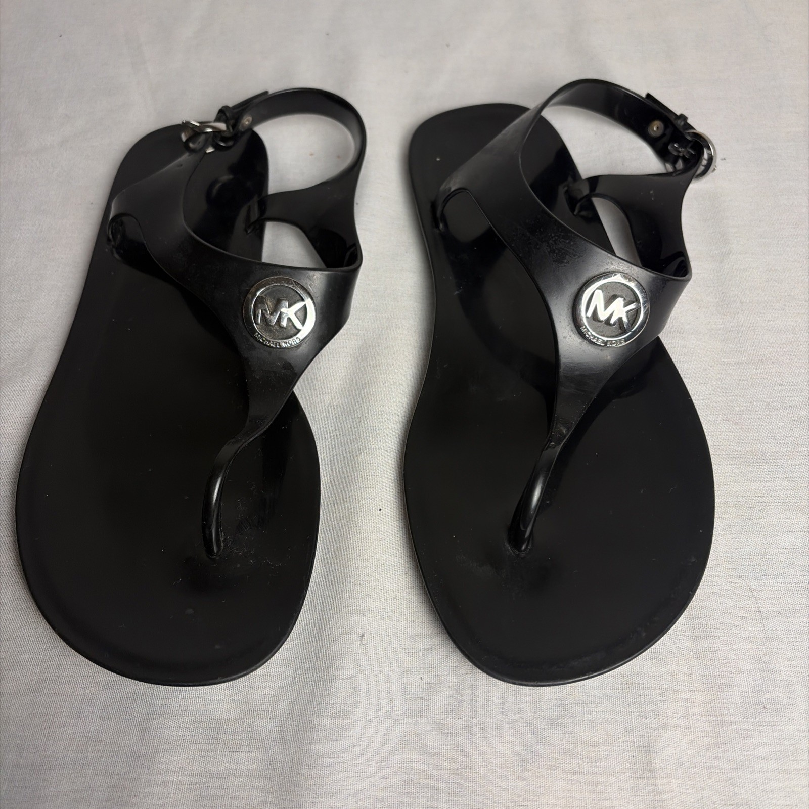 Michael Kors MK Plate Jelly Sandals Black PVC Thong Slingback Women’s Size 8