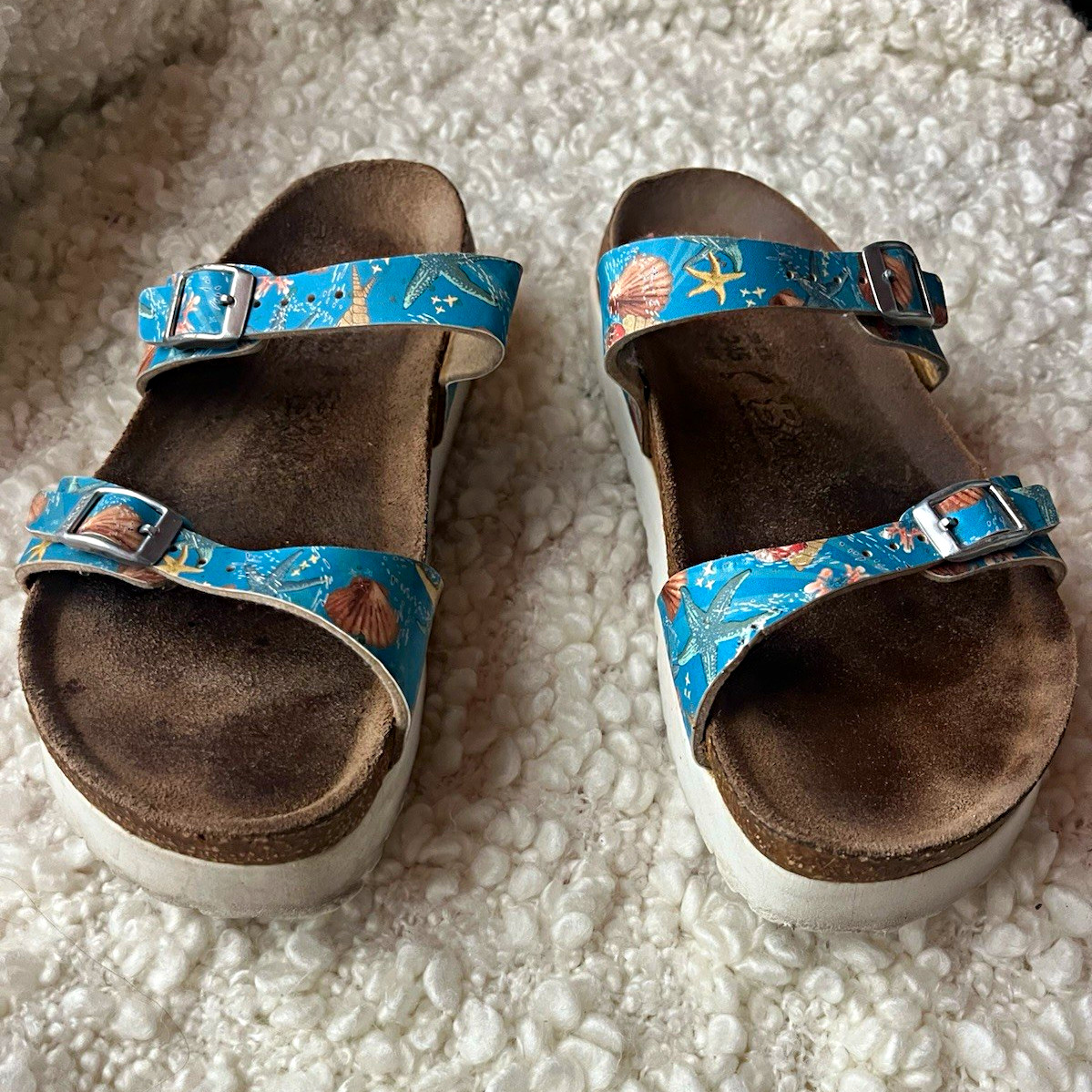 Birkenstock Blue Floral Starfish Two-Strap Buckle Slide Sandals US W 7-7.5