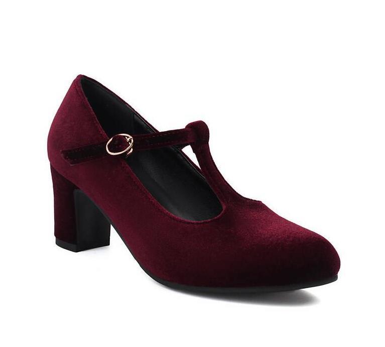 Women’s Mary Jane Work Shoes Mid Block Heel Velvet T Strap Dress Shoes Plus Size