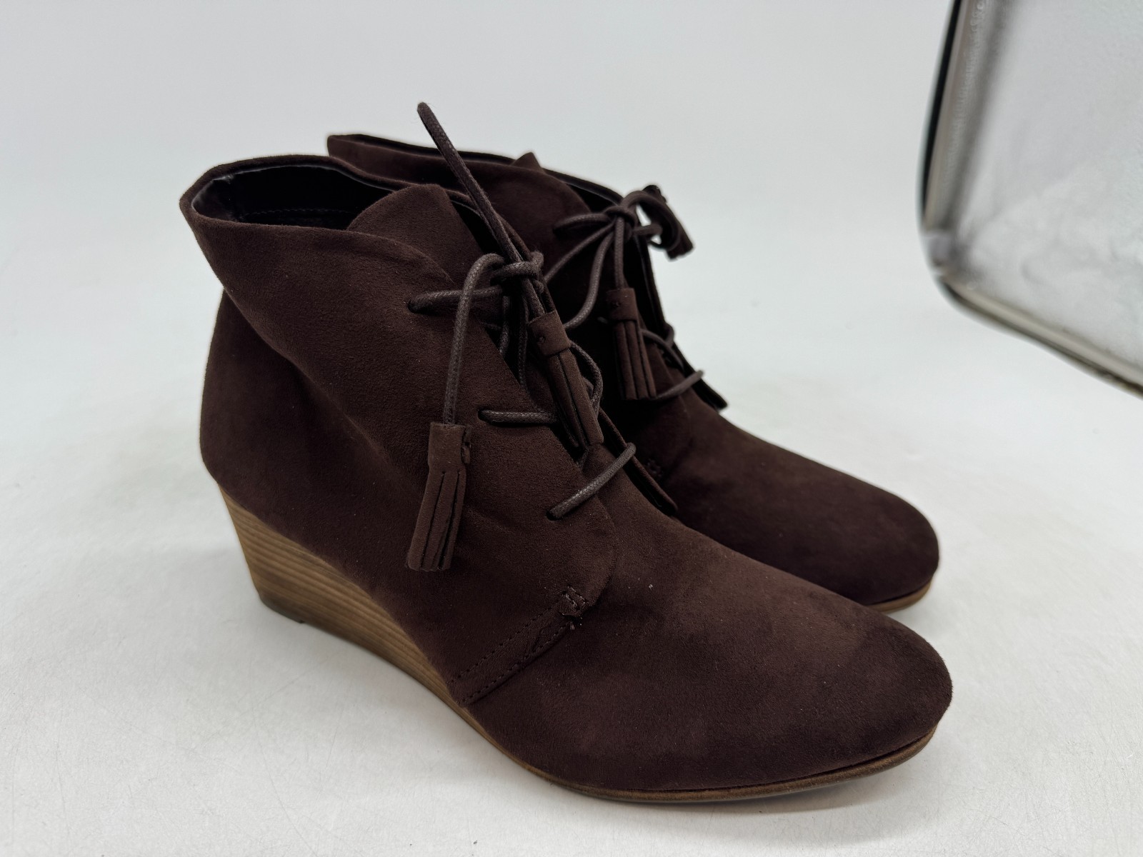 Dr. Scholl’s Dakota Wedge Booties Womens Dark Brown Suede Tassel Tie Lace-Up – 9