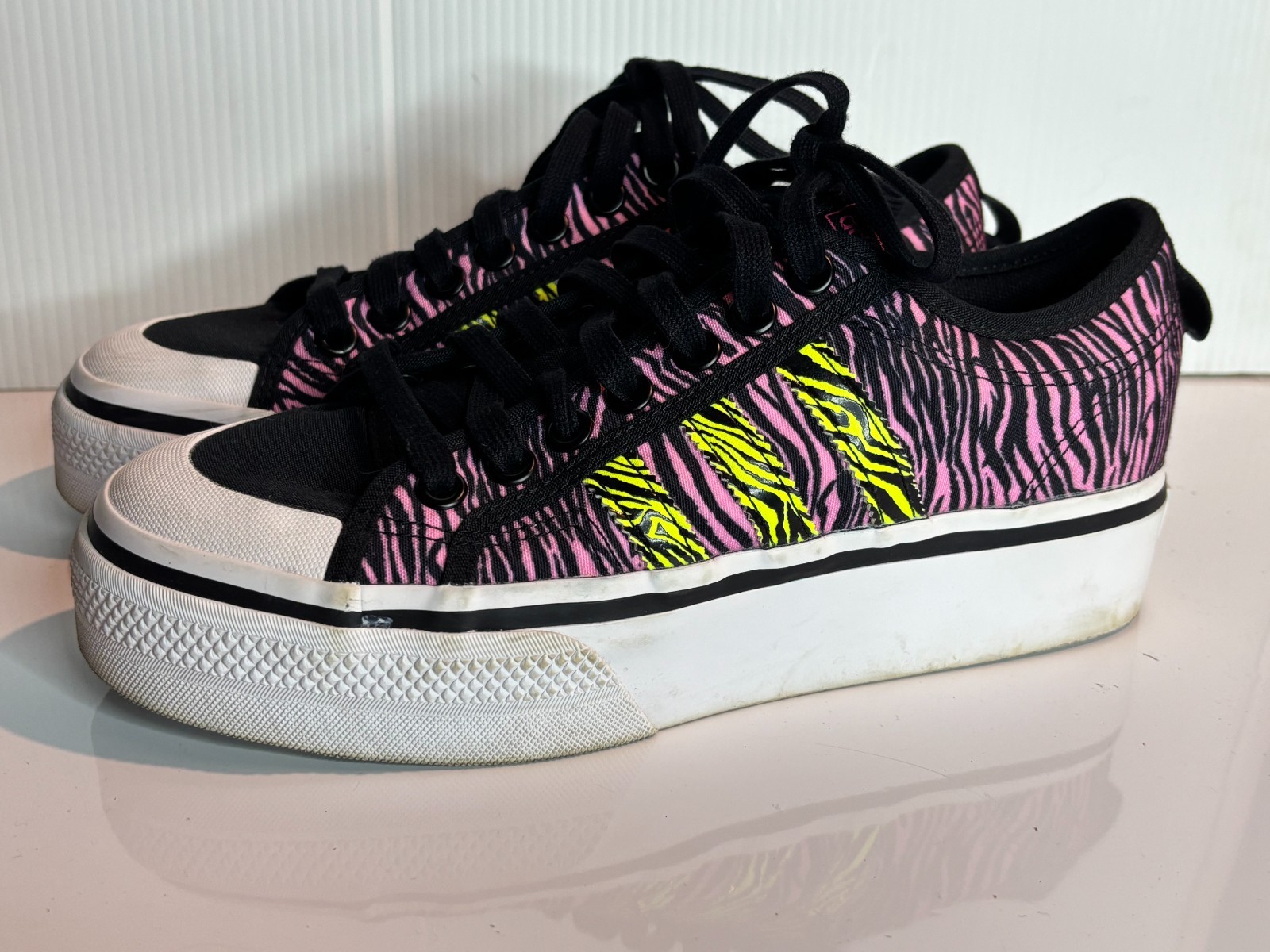 Adidas Originals Nizza Platform Black Pink Zebra Print Womens Lace Sneakers 9.5
