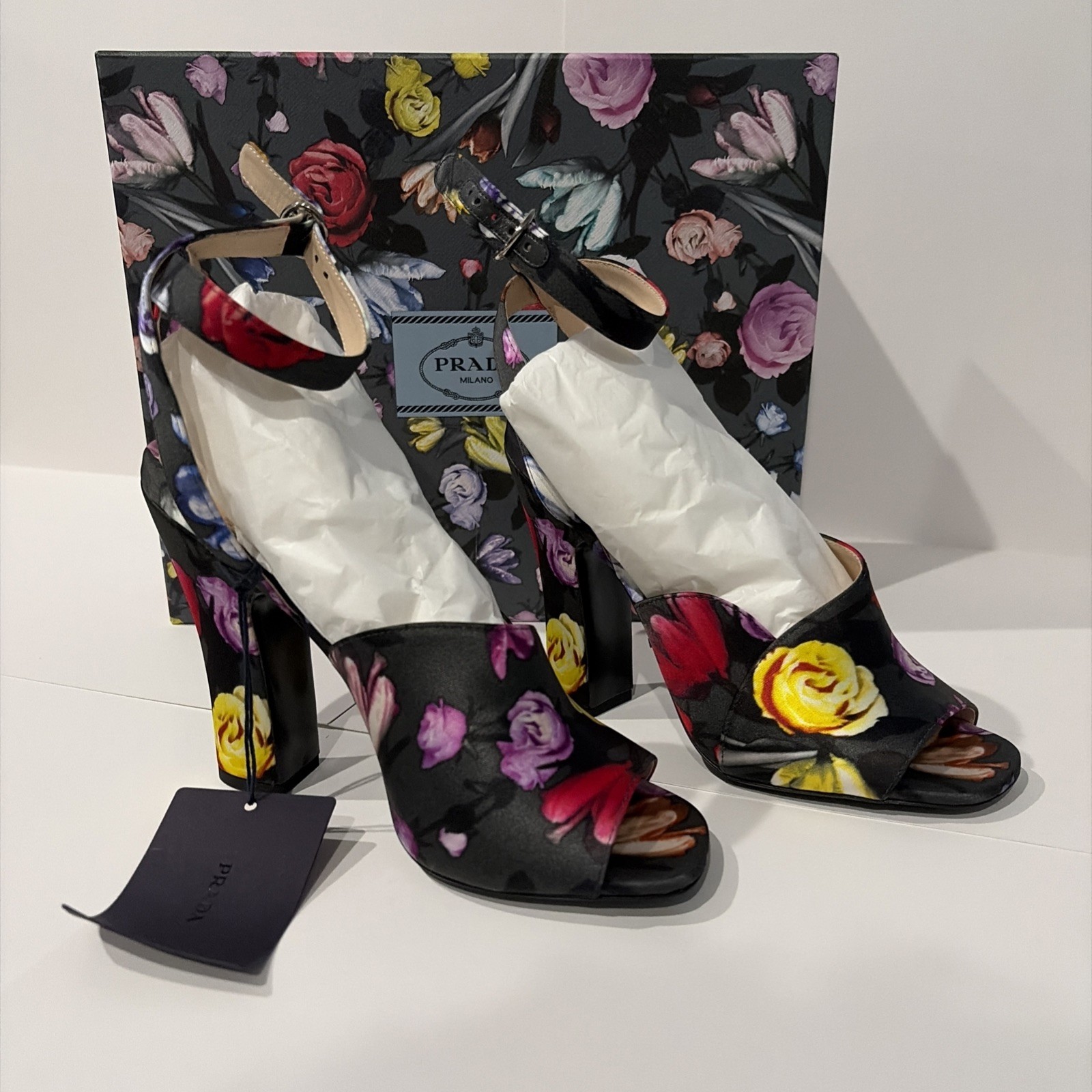 Prada Duchesse Little Flowers Ankle Wrap Sandals US Size 7.5 EU 37.5