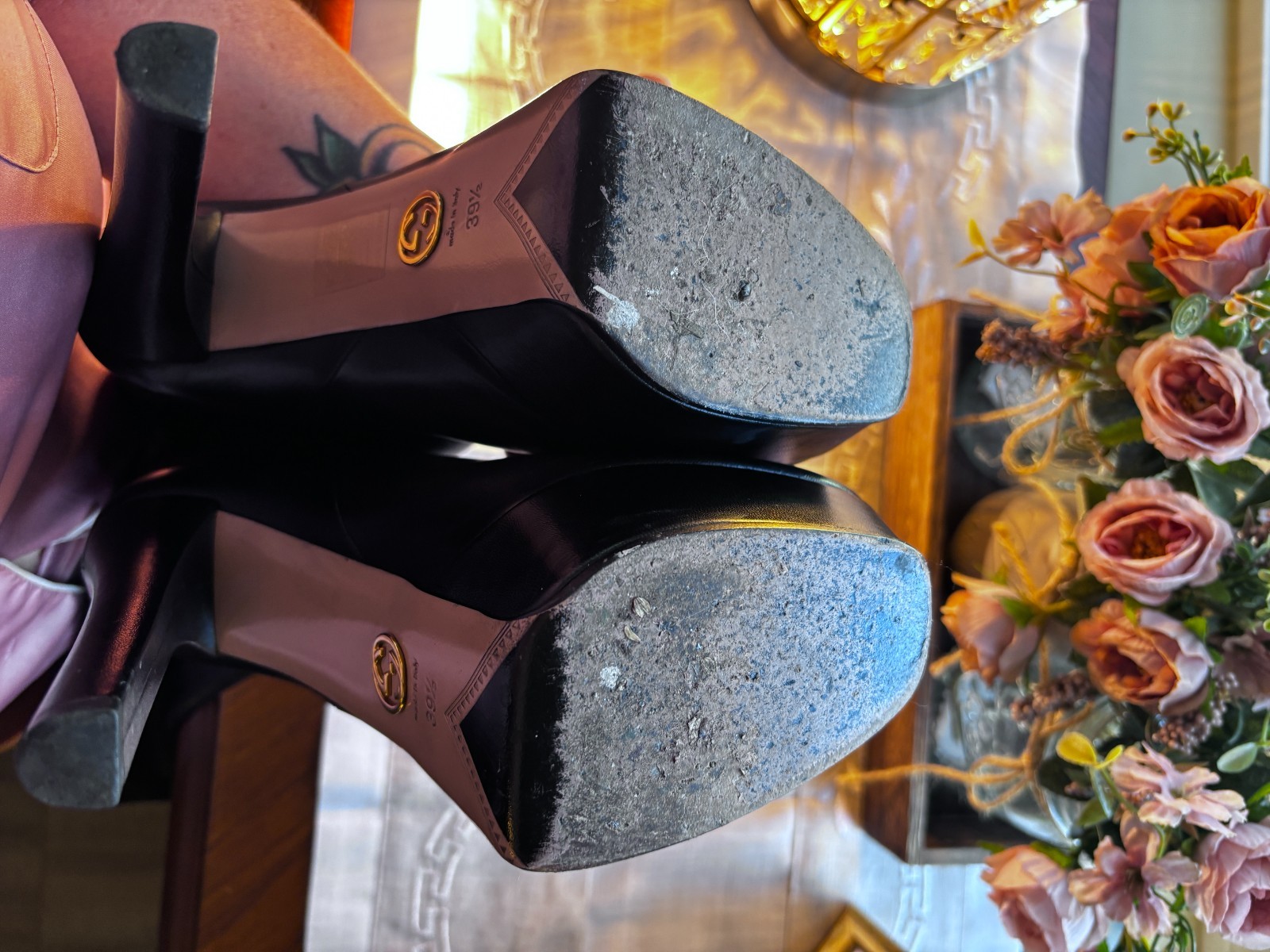 Authentic Gucci Black Leather Knee High Platform Boots Size 39.5 Italy High Heel