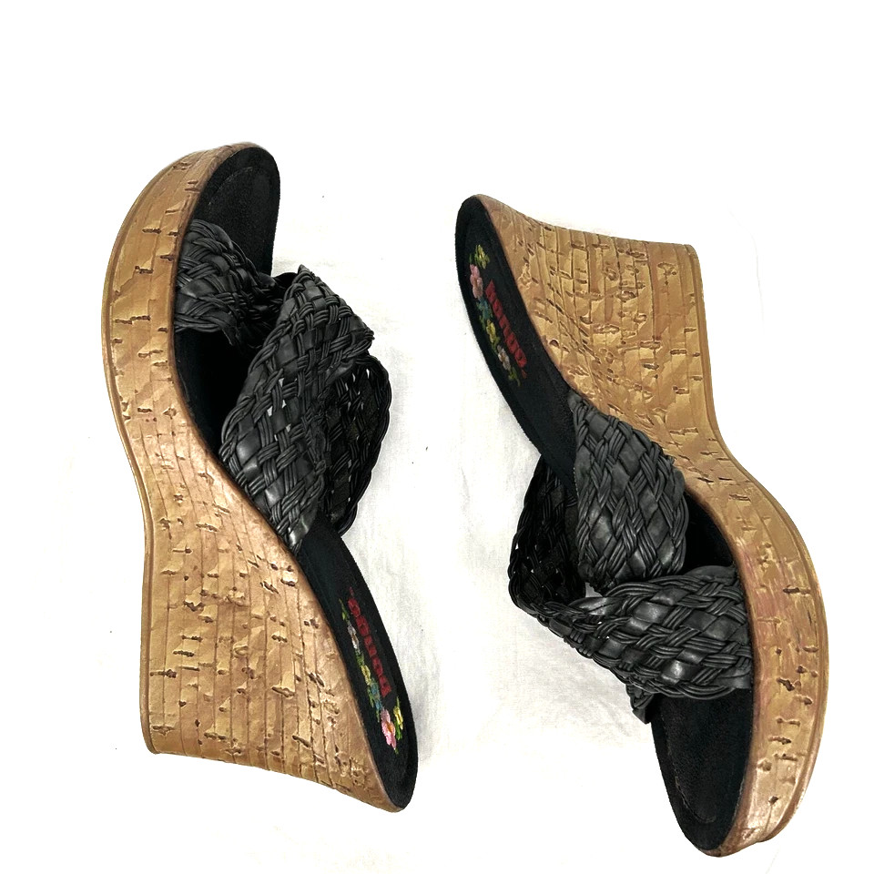 Y2k Bongo Wedge Sandals 7 Braided Black Chunky faux Wood Platform Boho 90’s Vtg